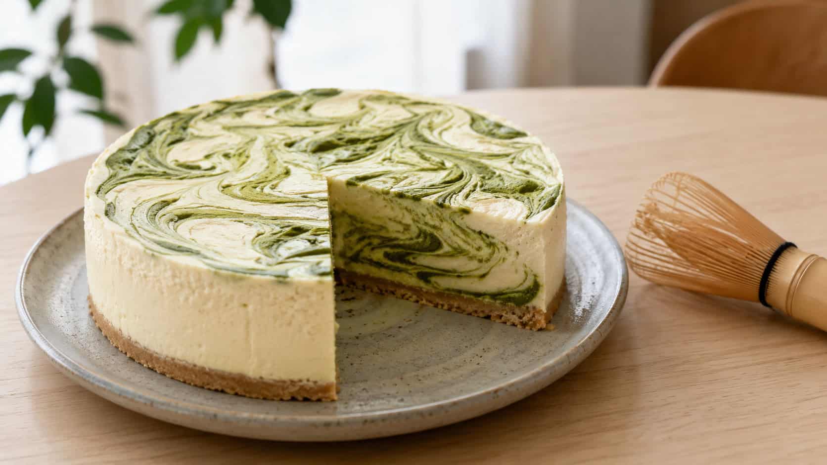 a pale cheesecake topped with bright green tea marbled swirls, one slice cut to show the pattern inside, on a ceramic plate in a wide horizontal shot, on a light wood table with a small whisk nearby, soft natural light, shallow depth of field, landscape orientation