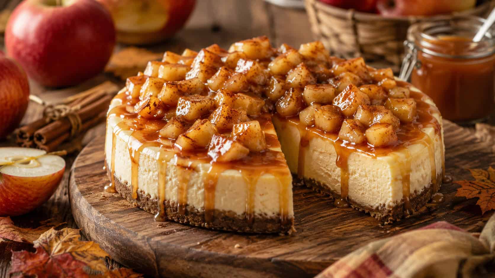 a creamy cheesecake topped with glistening cinnamon-spiced apple chunks and a caramel drizzle, one slice cut, on a rustic wooden board in a wide horizontal shot, on a cozy fall table with whole apples and a caramel jar, warm light, shallow depth of field, landscape orientation