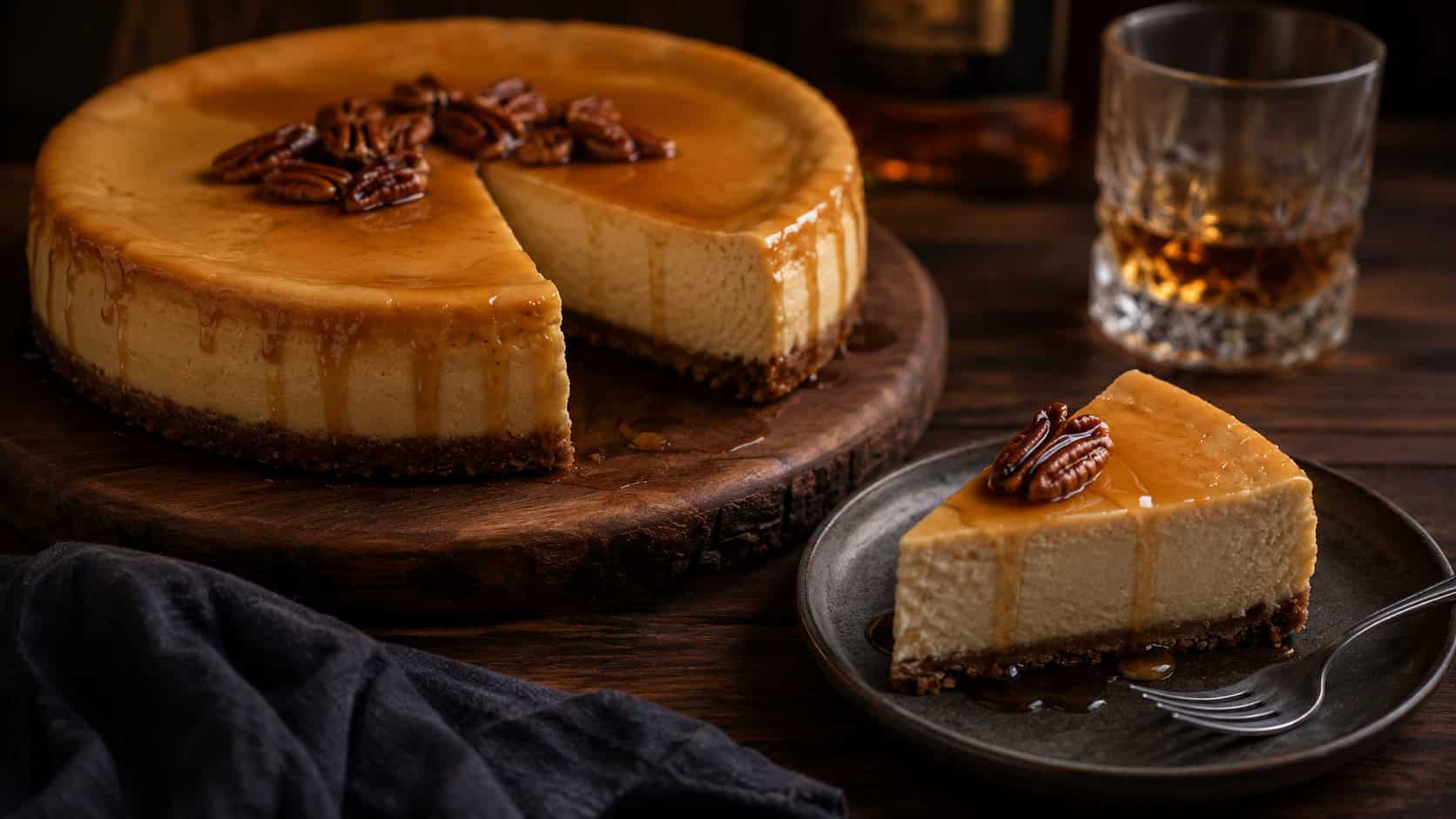 a smooth golden maple cheesecake with a glossy maple drizzle and a few pecans on top, one slice plated, on a dark wooden board in a wide horizontal shot, on a moody table beside a small glass of bourbon, warm low light, shallow depth of field, landscape orientation