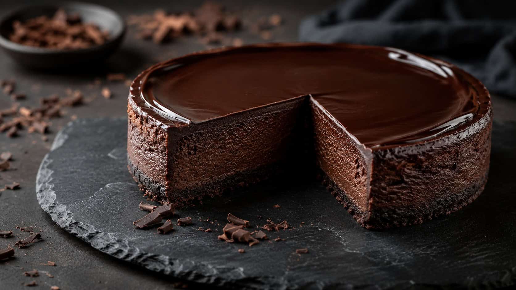 a deeply dark chocolate cheesecake with a glossy ganache top, one slice removed to reveal the fudgy interior, on a black slate board in a wide horizontal shot, on a moody dark table with chocolate shavings scattered, dramatic natural light, shallow depth of field, landscape orientation