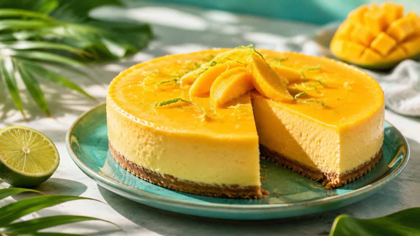 a sunny golden mango cheesecake topped with thin lime zest curls and a few mango slices, one wedge cut, on a turquoise ceramic plate in a wide horizontal shot, on a bright table with tropical leaves, breezy natural light, shallow depth of field, landscape orientation