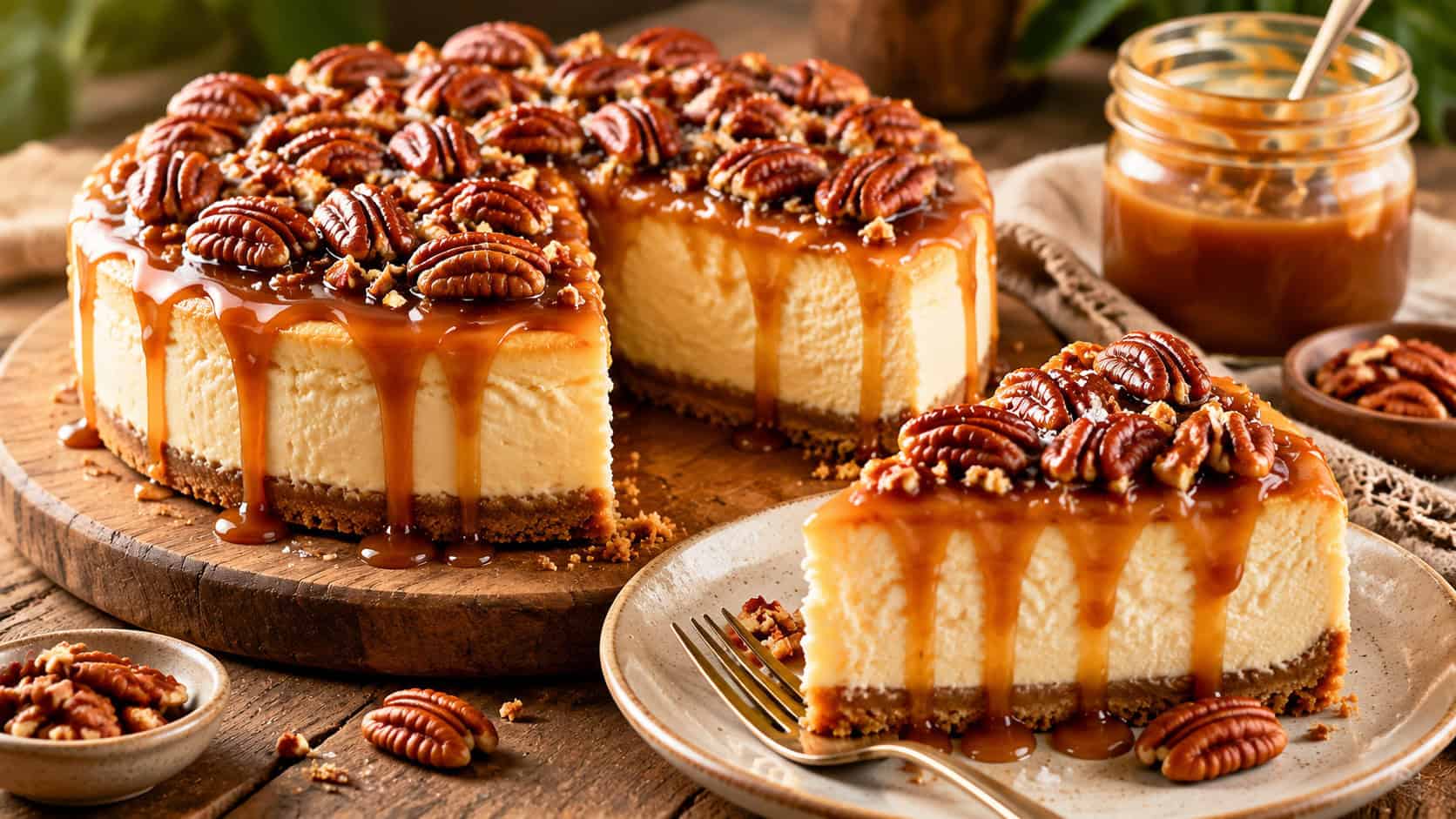 a creamy cheesecake dripping with golden salted caramel and piled with toasted pecans, one slice plated, on a rustic wooden board in a wide horizontal shot, on a warm farmhouse table with a caramel jar nearby, cozy natural light, shallow depth of field, landscape orientation