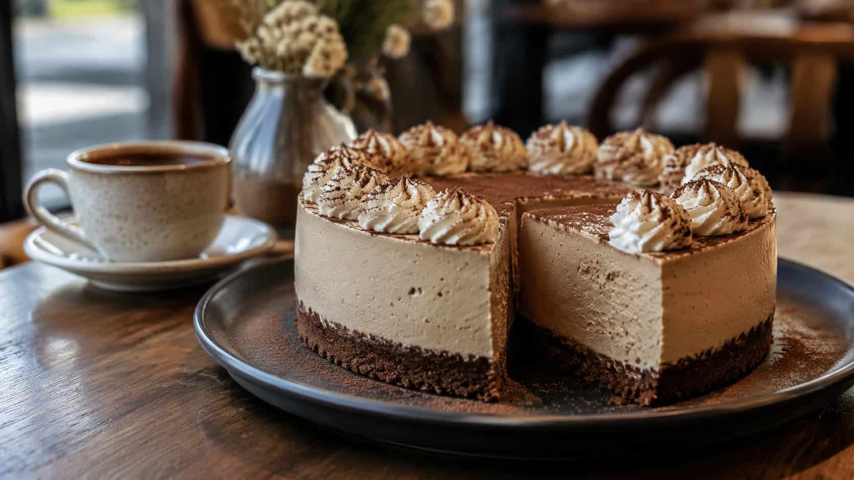 a mocha-colored cheesecake topped with swirls of whipped cream and a dusting of cocoa, one slice cut, on a dark ceramic plate in a wide horizontal shot, on a cafe-style table beside a small coffee cup, warm morning light, shallow depth of field, landscape orientation