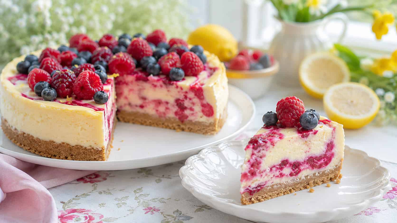 a pale lemon cheesecake swirled with deep pink raspberry ribbons and topped with fresh berries, one slice plated, on a white scalloped plate in a wide horizontal shot, on a spring table with lemon halves, bright airy light, shallow depth of field, landscape orientation