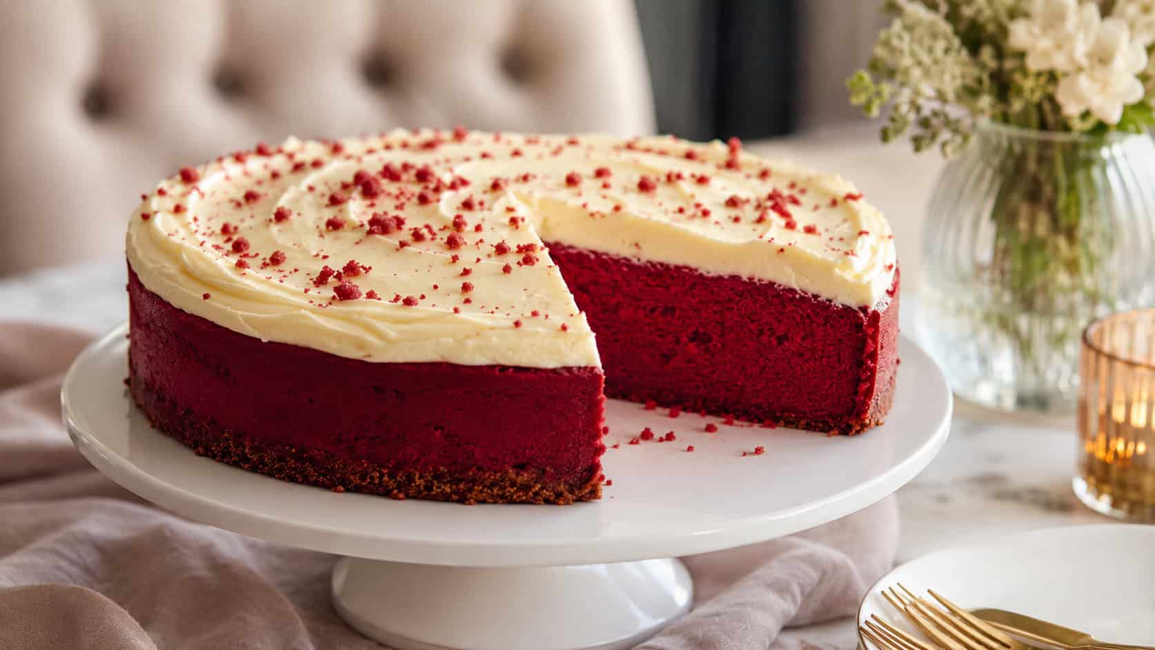 a vivid deep-red cheesecake with a pale cream cheese topping, one slice cut to show the bright crimson interior, on a white cake stand in a wide horizontal shot, on an elegant table with soft napkins, warm natural light, shallow depth of field, landscape orientation