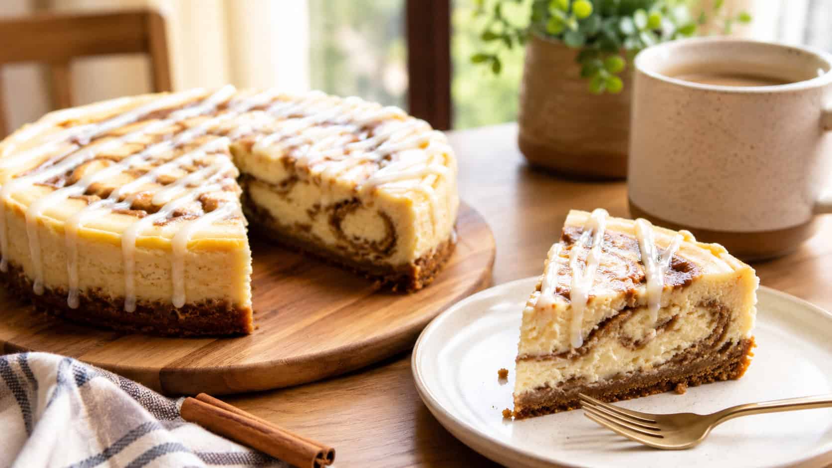a creamy cheesecake with cinnamon swirls and white vanilla glaze drizzled across the top, one slice plated, on a warm wooden board in a wide horizontal shot, on a cozy breakfast table with a cinnamon stick, soft morning light, shallow depth of field, landscape orientation