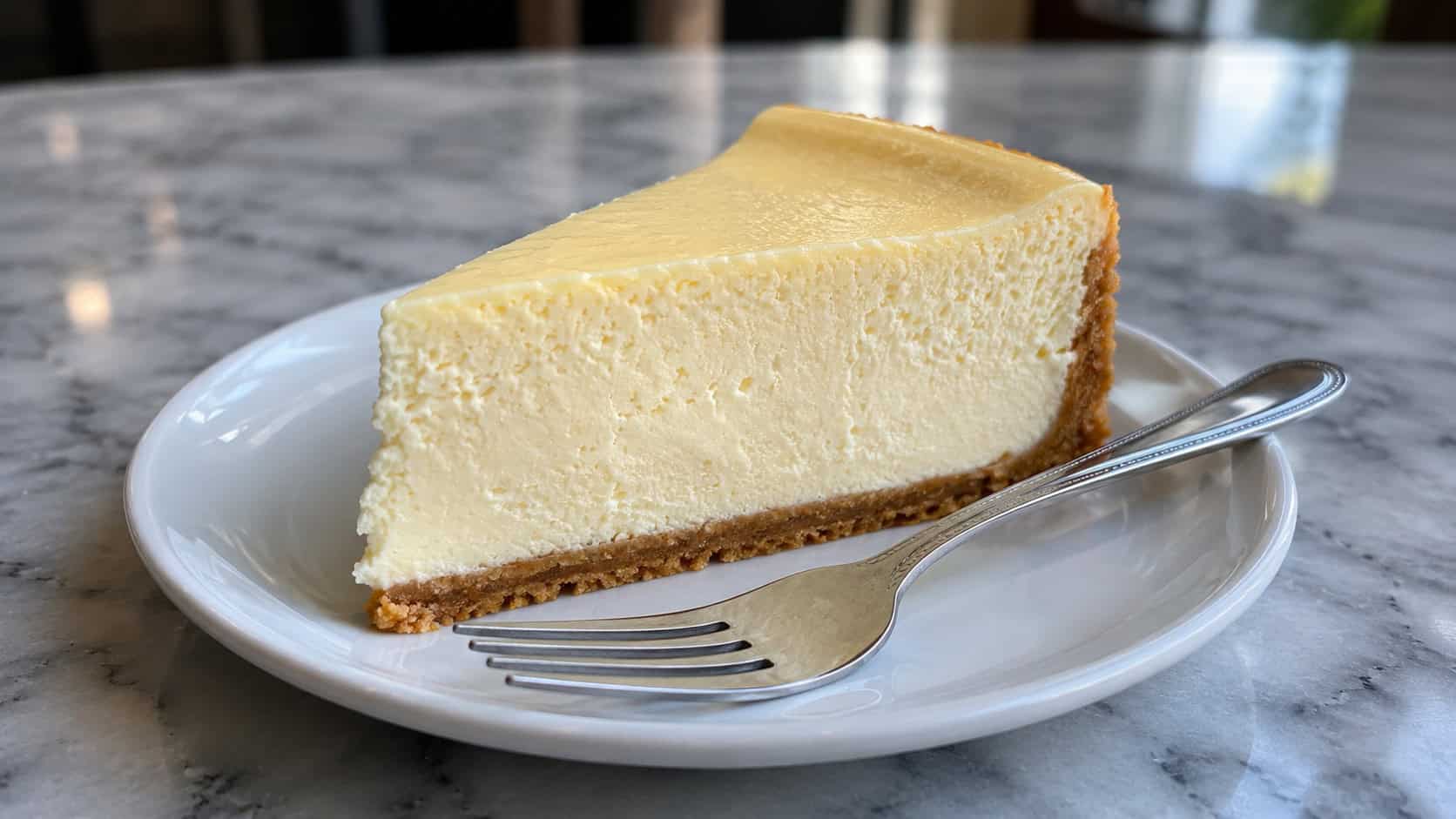 a tall slice of classic New York cheesecake on a white plate with a golden graham crust, smooth creamy top, fork beside it, on a marble counter, wide horizontal shot, natural light, shallow depth of field, landscape orientation