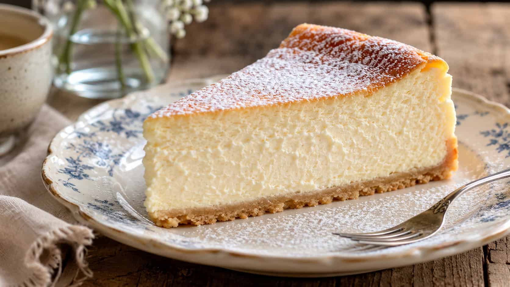a light ricotta vanilla cheesecake slice with a soft creamy texture on a vintage plate, dusting of powdered sugar on top, on a rustic table, wide horizontal shot, natural light, shallow depth of field, landscape orientation