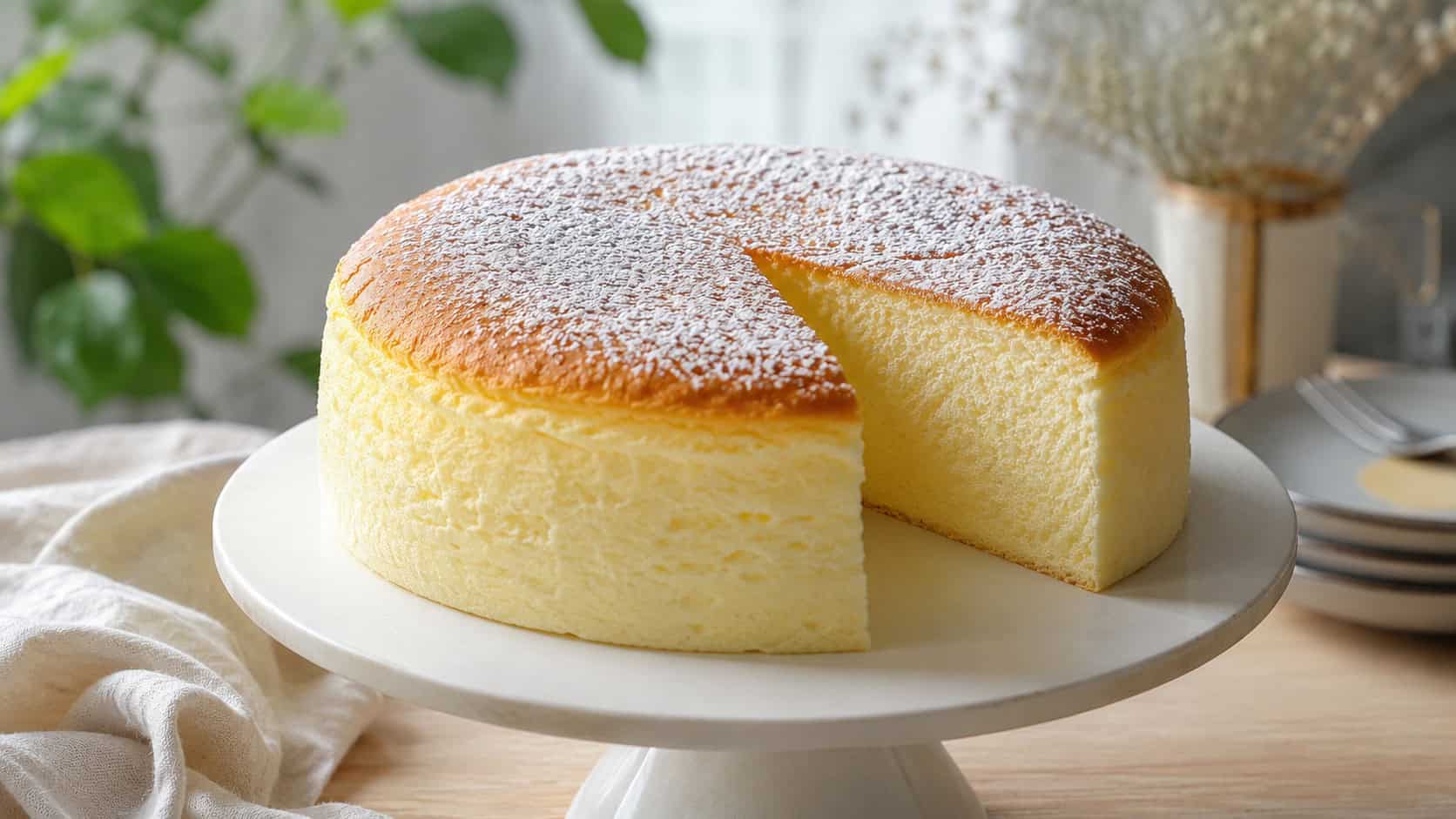 a tall, jiggly Japanese cotton cheesecake with a golden top on a cake stand, one airy slice cut, dusting of powdered sugar, on a soft-lit table, wide horizontal shot, natural light, shallow depth of field, landscape orientation
