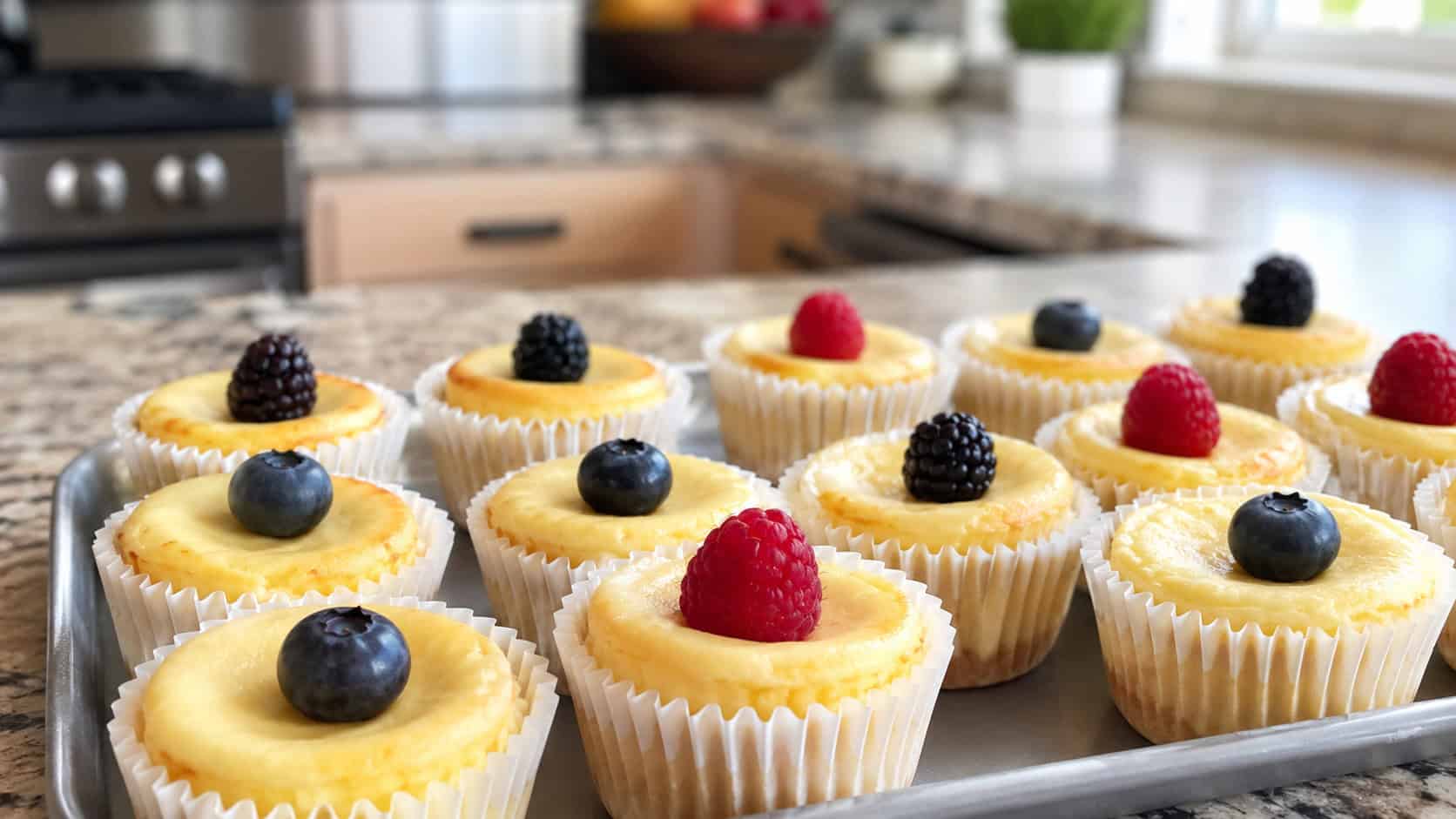 a tray of mini vanilla cheesecake muffins in paper liners, each topped with a berry, creamy and golden, on a kitchen counter, wide horizontal shot, natural light, shallow depth of field, landscape orientation