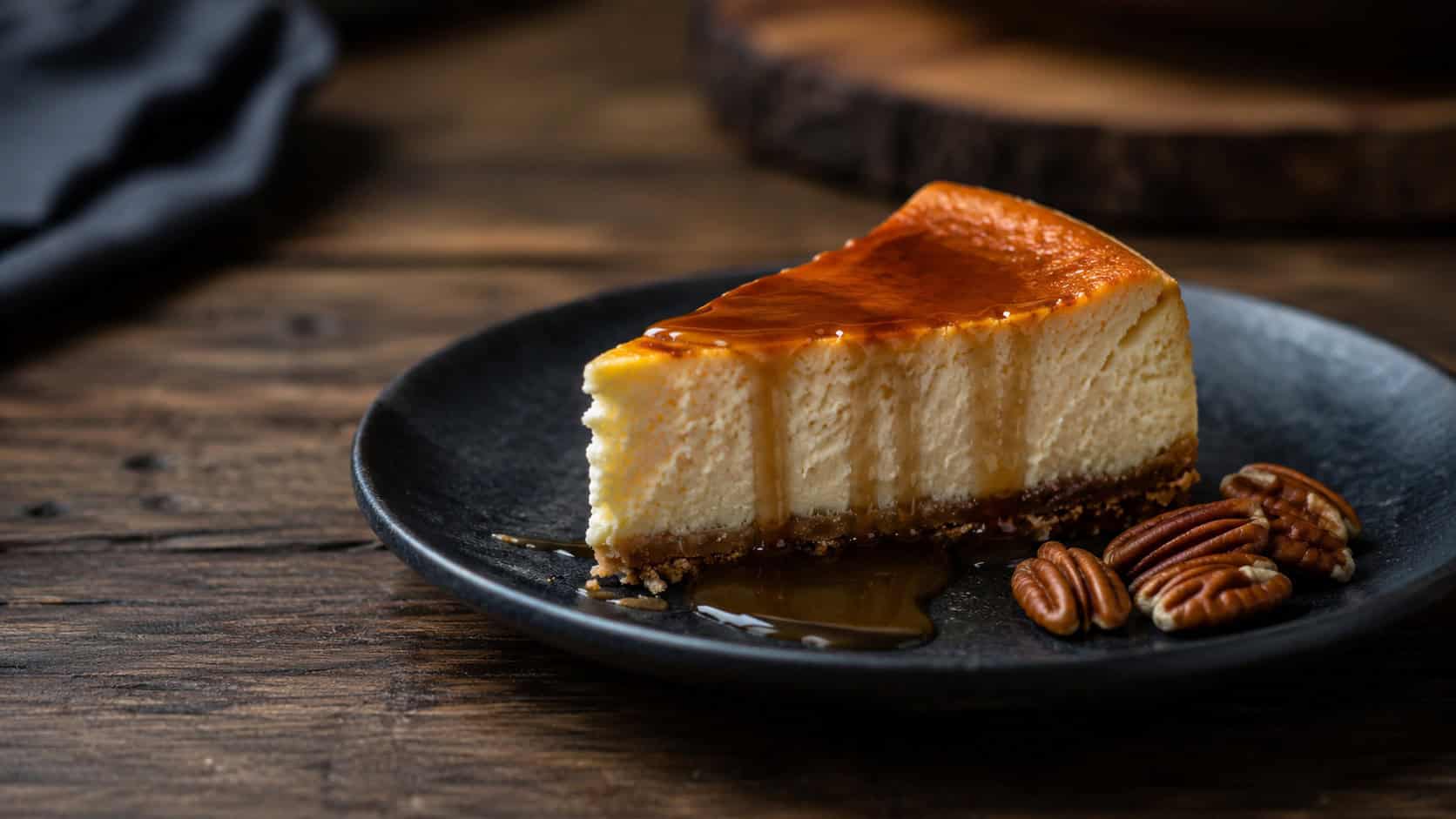 a bourbon vanilla cheesecake slice with a golden-brown top on a dark plate, drizzle of caramel and a few pecans beside it, on a moody wood table, wide horizontal shot, natural light, shallow depth of field, landscape orientation