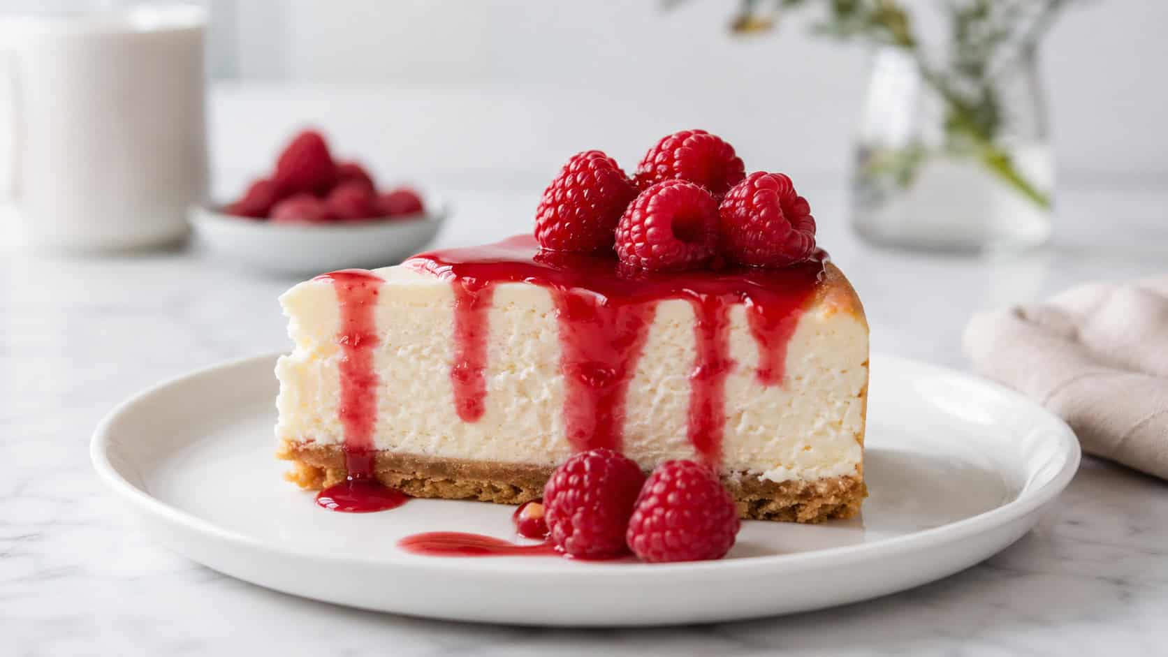 a vanilla cheesecake slice with a glossy red raspberry sauce drizzled over and fresh raspberries on top, on a white plate, on a bright table, wide horizontal shot, natural light, shallow depth of field, landscape orientation