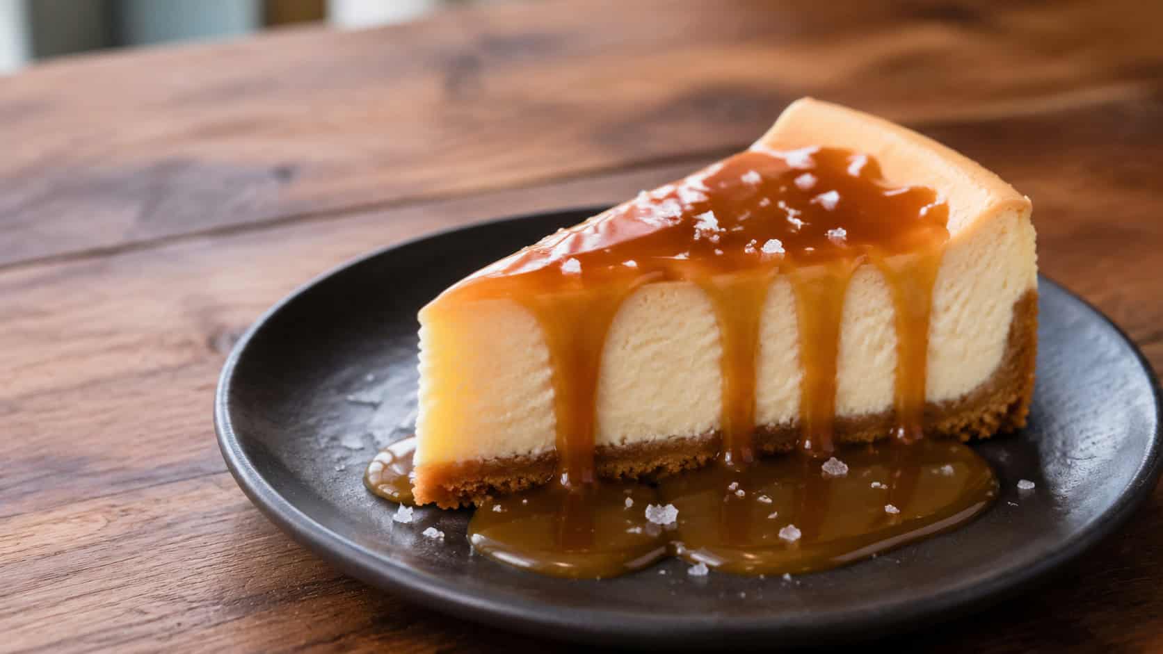 a vanilla cheesecake slice dripping with golden salted caramel and flaky salt flakes on a dark plate, caramel pooling on the plate, on a wood table, wide horizontal shot, natural light, shallow depth of field, landscape orientation