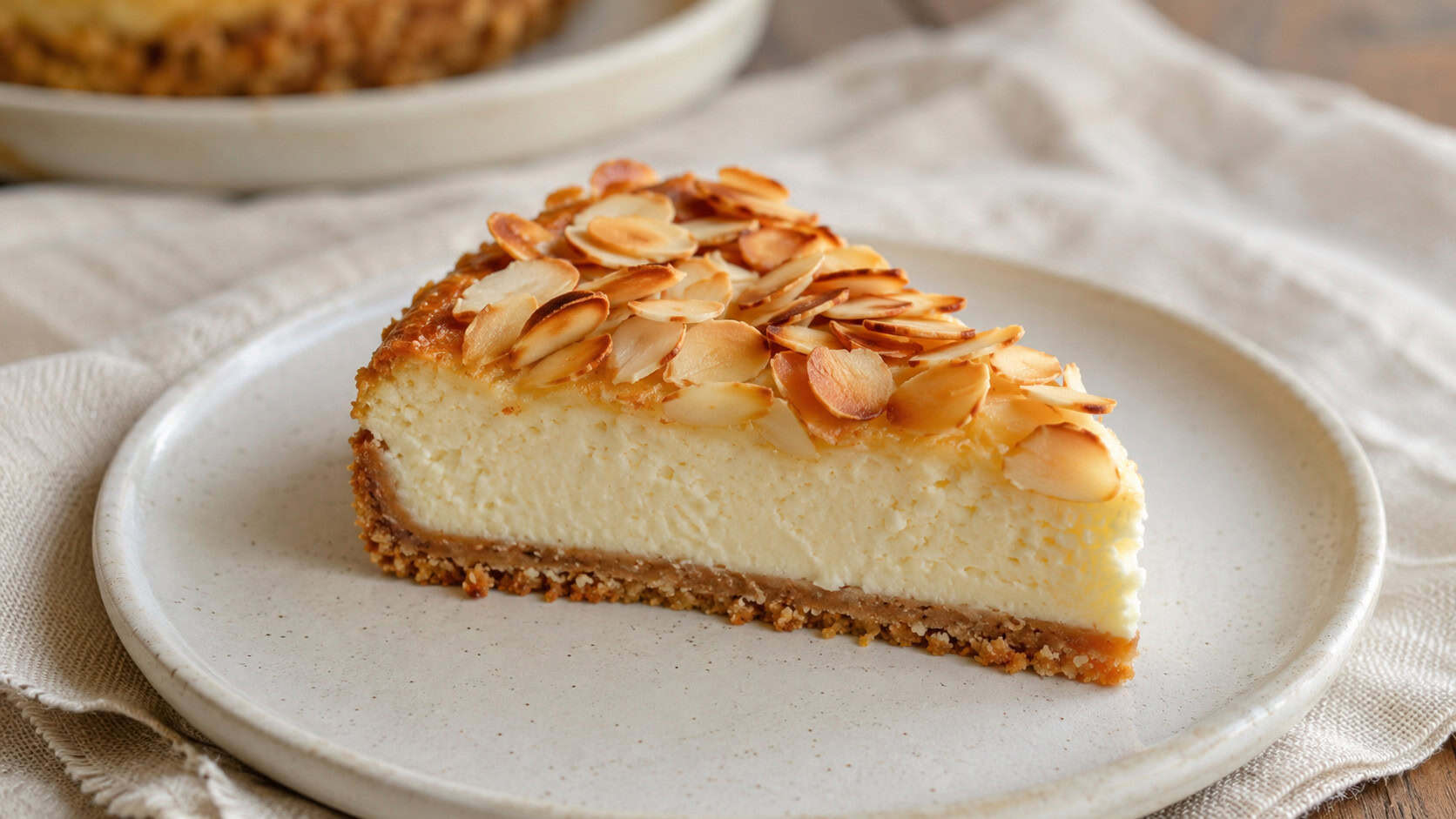 an almond vanilla cheesecake slice topped with toasted sliced almonds on a cream plate, golden nutty crust visible, on a linen surface, wide horizontal shot, natural light, shallow depth of field, landscape orientation