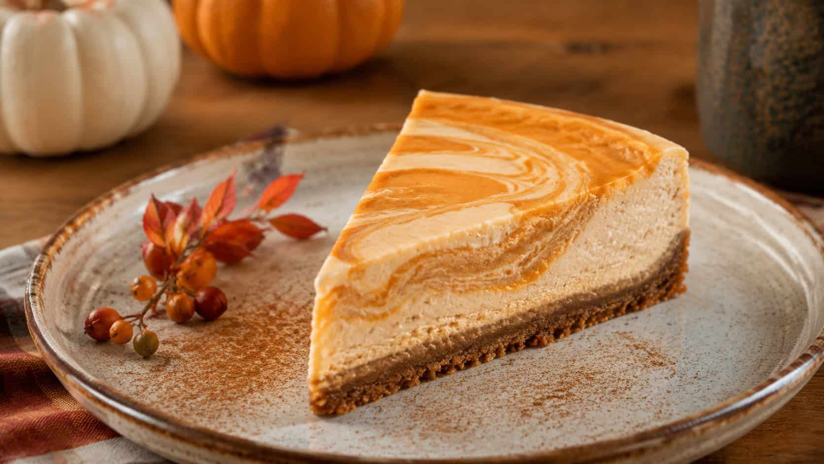 a pumpkin spice vanilla cheesecake slice with an orange-and-cream swirl on top on a rustic plate, cinnamon dusting and a fall sprig nearby, on a warm wood table, wide horizontal shot, natural light, shallow depth of field, landscape orientation