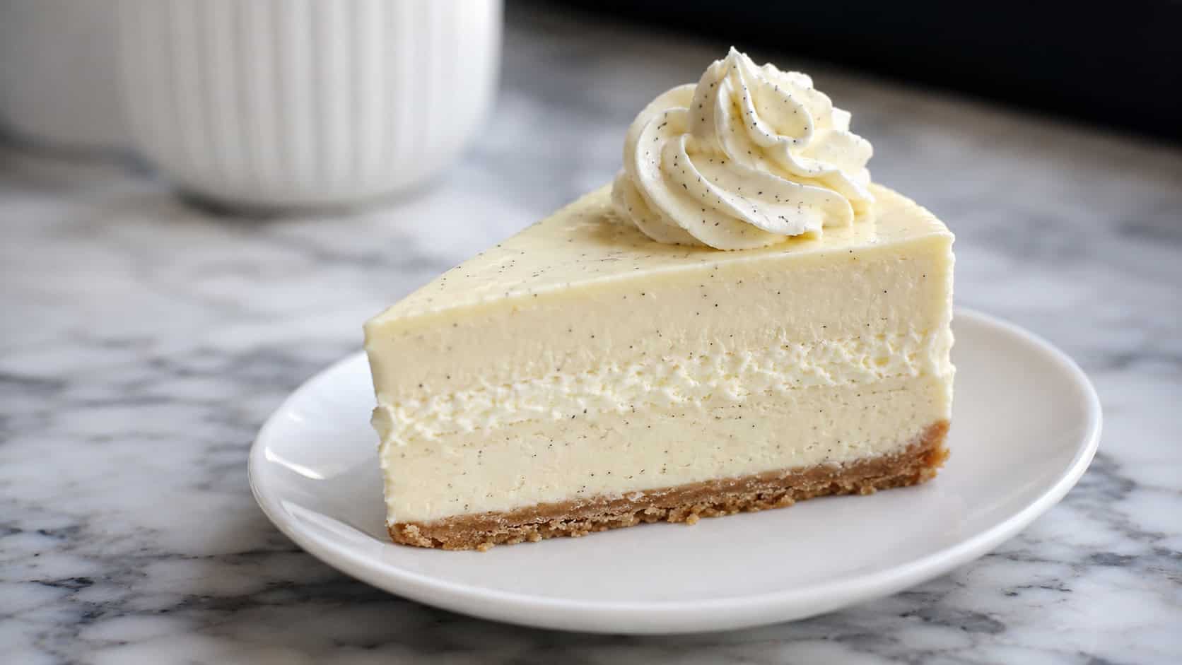 a triple vanilla cheesecake slice with a swirl of vanilla-flecked whipped cream on top on a white plate, tiny black vanilla seeds throughout, on a marble counter, wide horizontal shot, natural light, shallow depth of field, landscape orientation