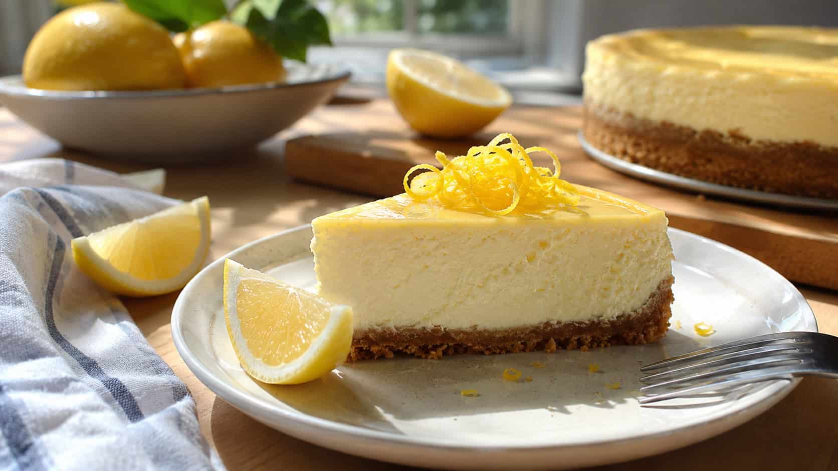 a bright lemon vanilla cheesecake slice topped with curls of lemon zest on a pale plate, lemon wedges nearby, on a sunny kitchen table, wide horizontal shot, natural light, shallow depth of field, landscape orientation
