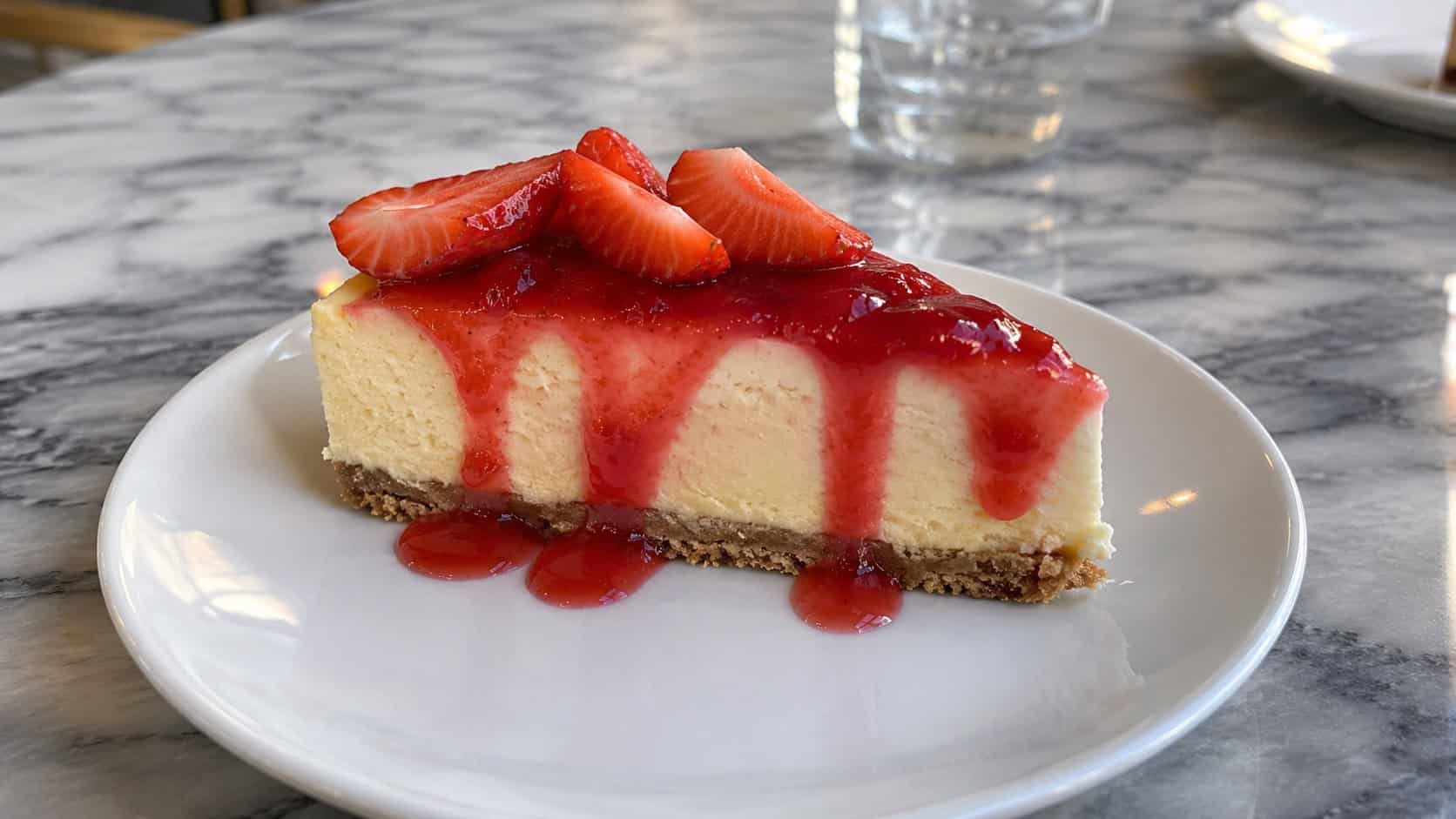 a vanilla cheesecake slice topped with glossy red strawberry sauce and fresh strawberry slices on a white plate, on a marble table, wide horizontal shot, natural light, shallow depth of field, landscape orientation
