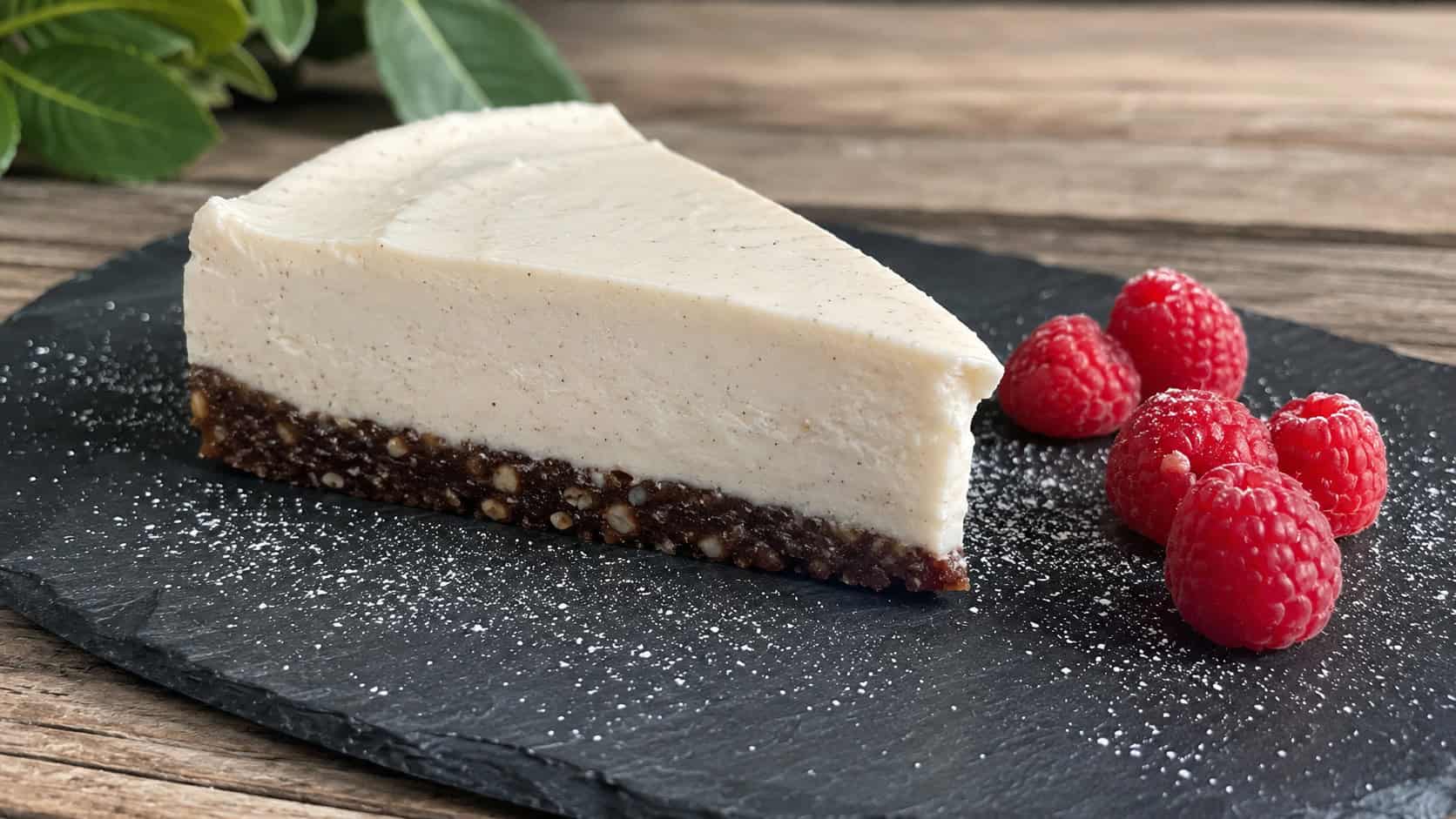 a creamy vegan vanilla cheesecake slice with a dark nut-and-date crust on a slate plate, dusting of vanilla and fresh raspberries beside it, on a wooden surface, wide horizontal shot, natural light, shallow depth of field, landscape orientation