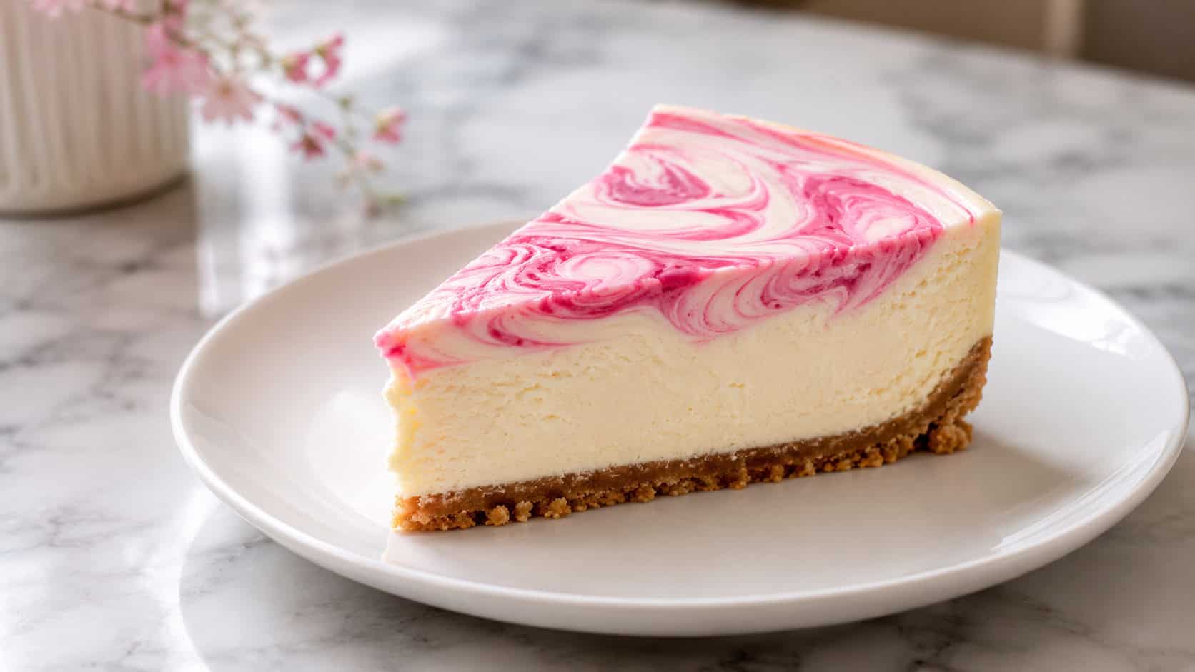 a vanilla cheesecake slice with a pink marbled swirl on top on a white plate, clean creamy layers, on a marble counter, wide horizontal shot, natural light, shallow depth of field, landscape orientation