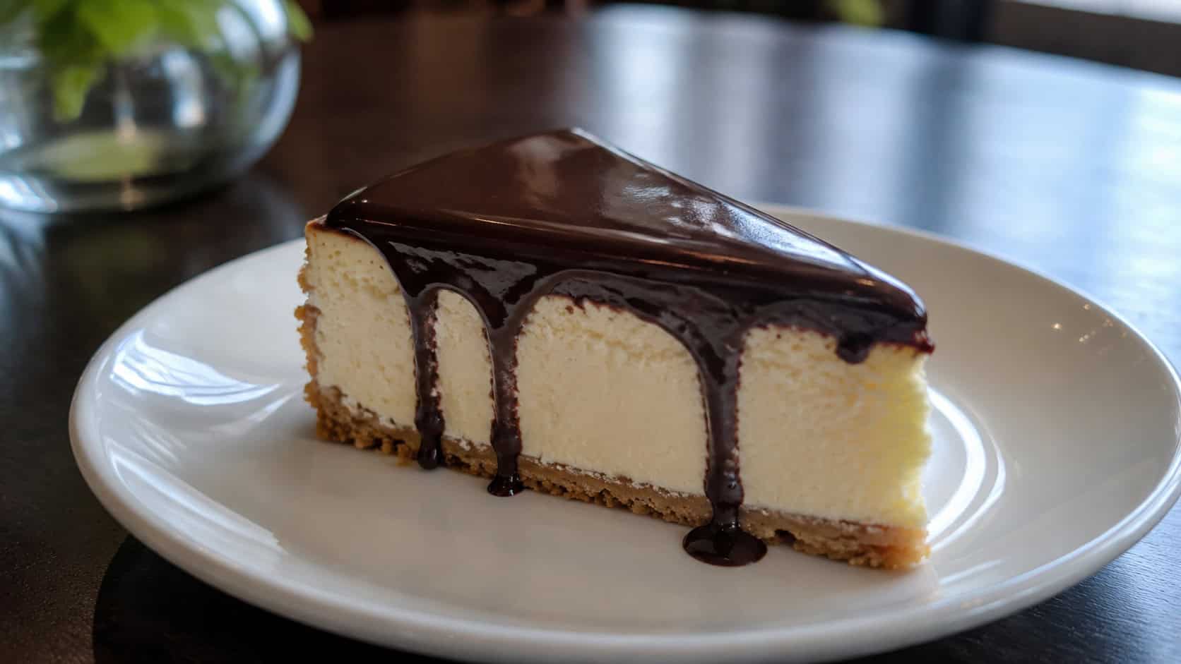 a vanilla cheesecake slice with a glossy dark chocolate ganache layer on top on a white plate, chocolate dripping down the side, on a dark table, wide horizontal shot, natural light, shallow depth of field, landscape orientation