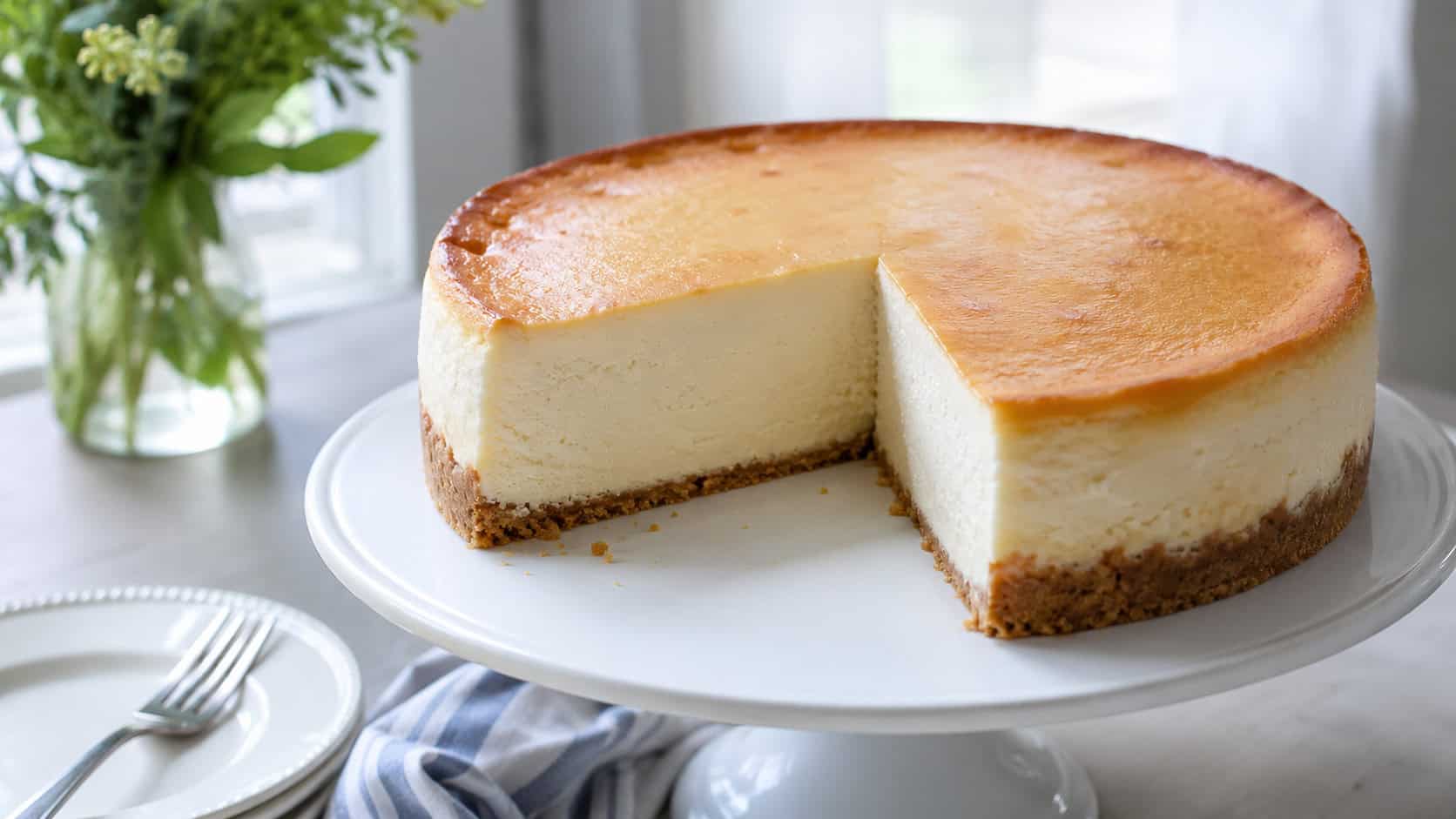 a tall classic New York cheesecake with a golden top and graham crust, one slice removed to show the dense creamy interior, on a white cake stand, wide horizontal shot, soft natural light, shallow depth of field, landscape orientation