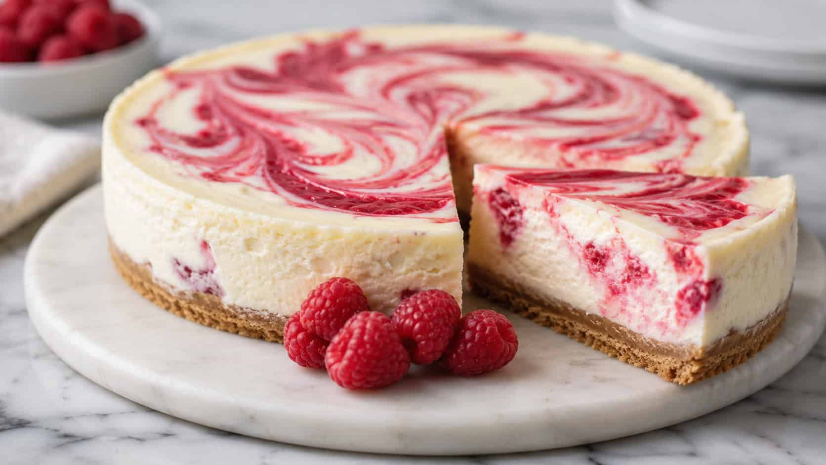a white chocolate raspberry cheesecake with red swirls across the creamy top, fresh raspberries beside a cut slice, on a marble surface, wide horizontal composition, bright natural light, shallow depth of field, landscape orientation