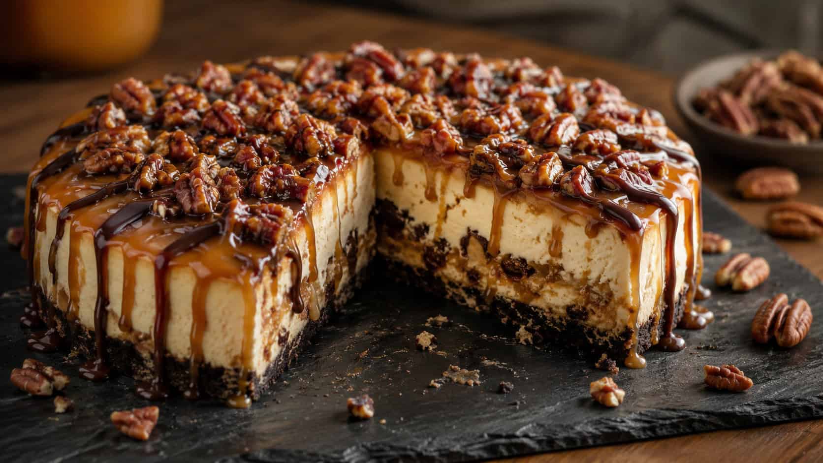 a turtle cheesecake topped with caramel and chocolate drizzle and clusters of toasted pecans, one slice removed, on a dark slate board, wide horizontal composition, warm moody light, shallow depth of field, landscape orientation