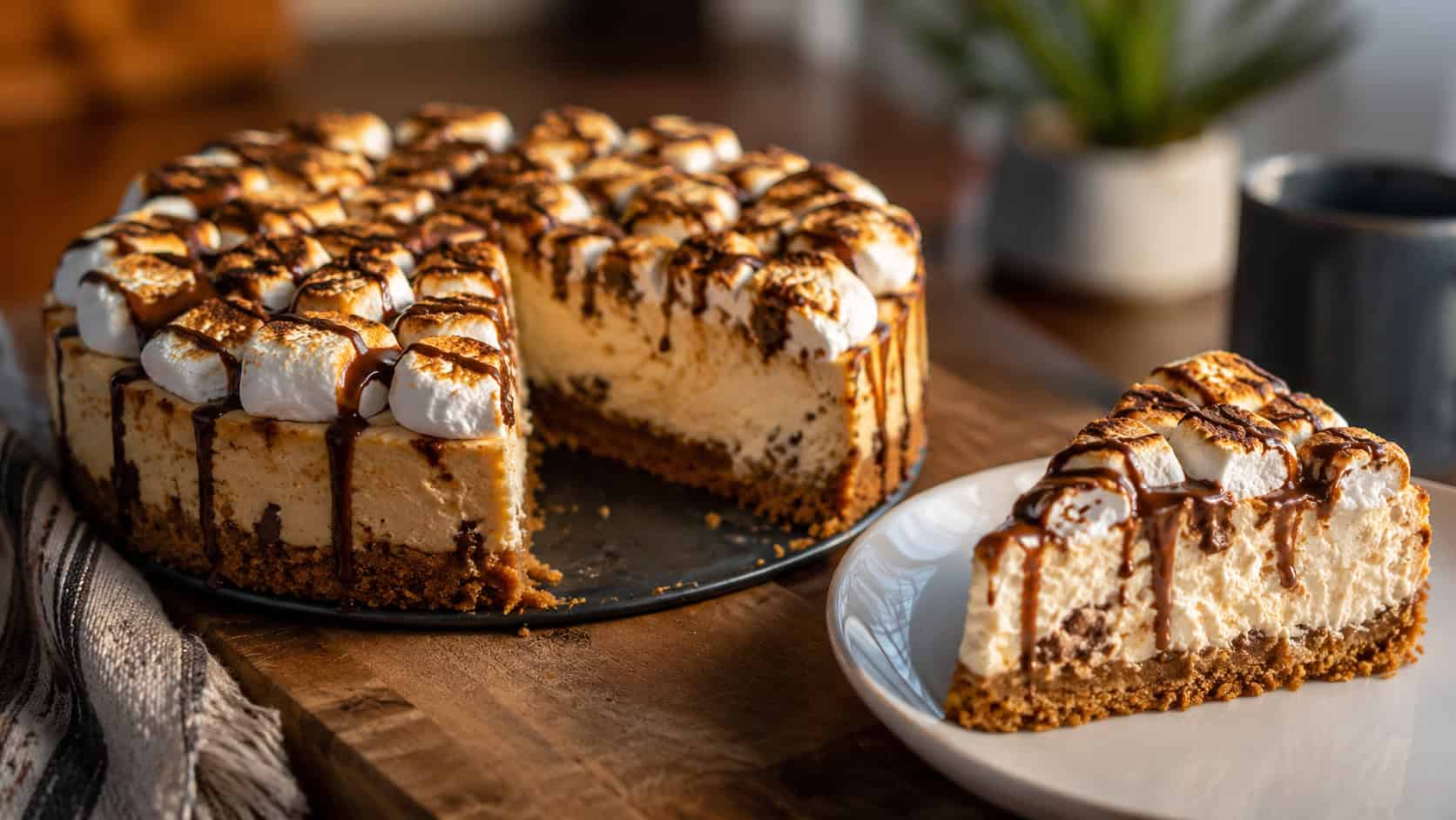 a s'mores cheesecake topped with golden toasted marshmallows and chocolate drizzle over a graham crust, a slice on a plate, wide horizontal shot, warm natural light, shallow depth of field, landscape orientation