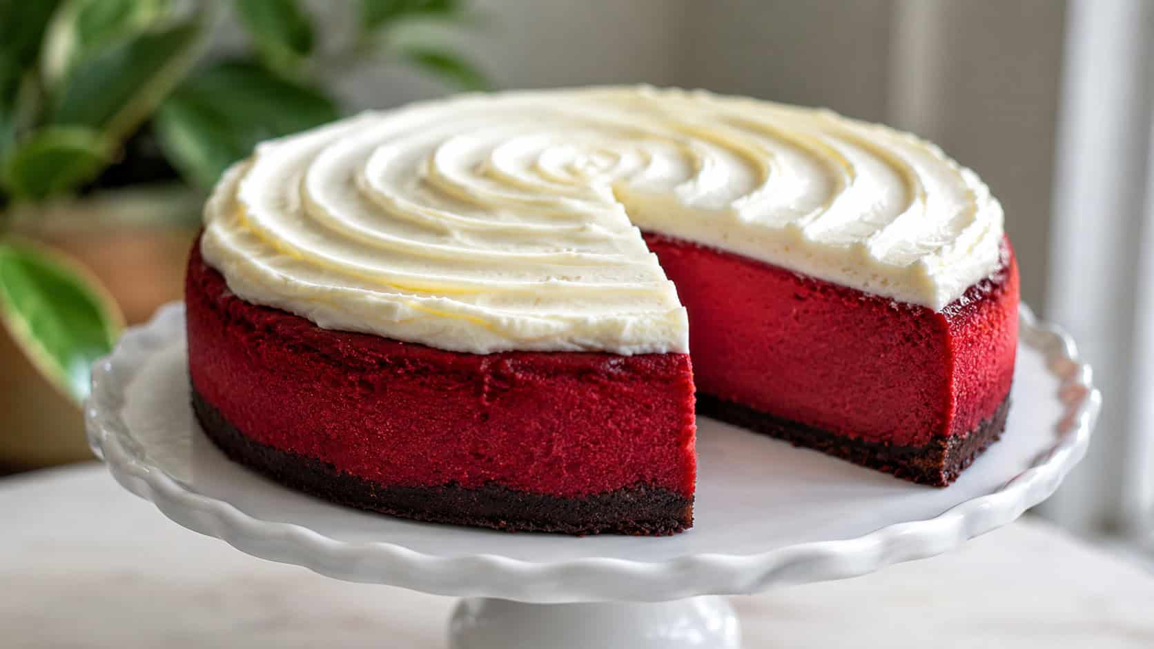 a deep red velvet cheesecake with a swirl of cream cheese frosting on top, one slice cut showing the bright red interior, on a white cake stand, wide horizontal composition, soft natural light, shallow depth of field, landscape orientation