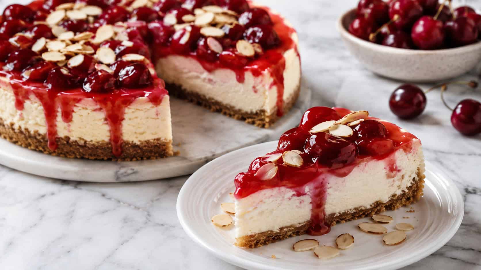 a cherry almond cheesecake topped with glossy red cherry filling cascading over the edges, a slice on a plate with sliced almonds, on a marble surface, wide horizontal shot, bright natural light, shallow depth of field, landscape orientation