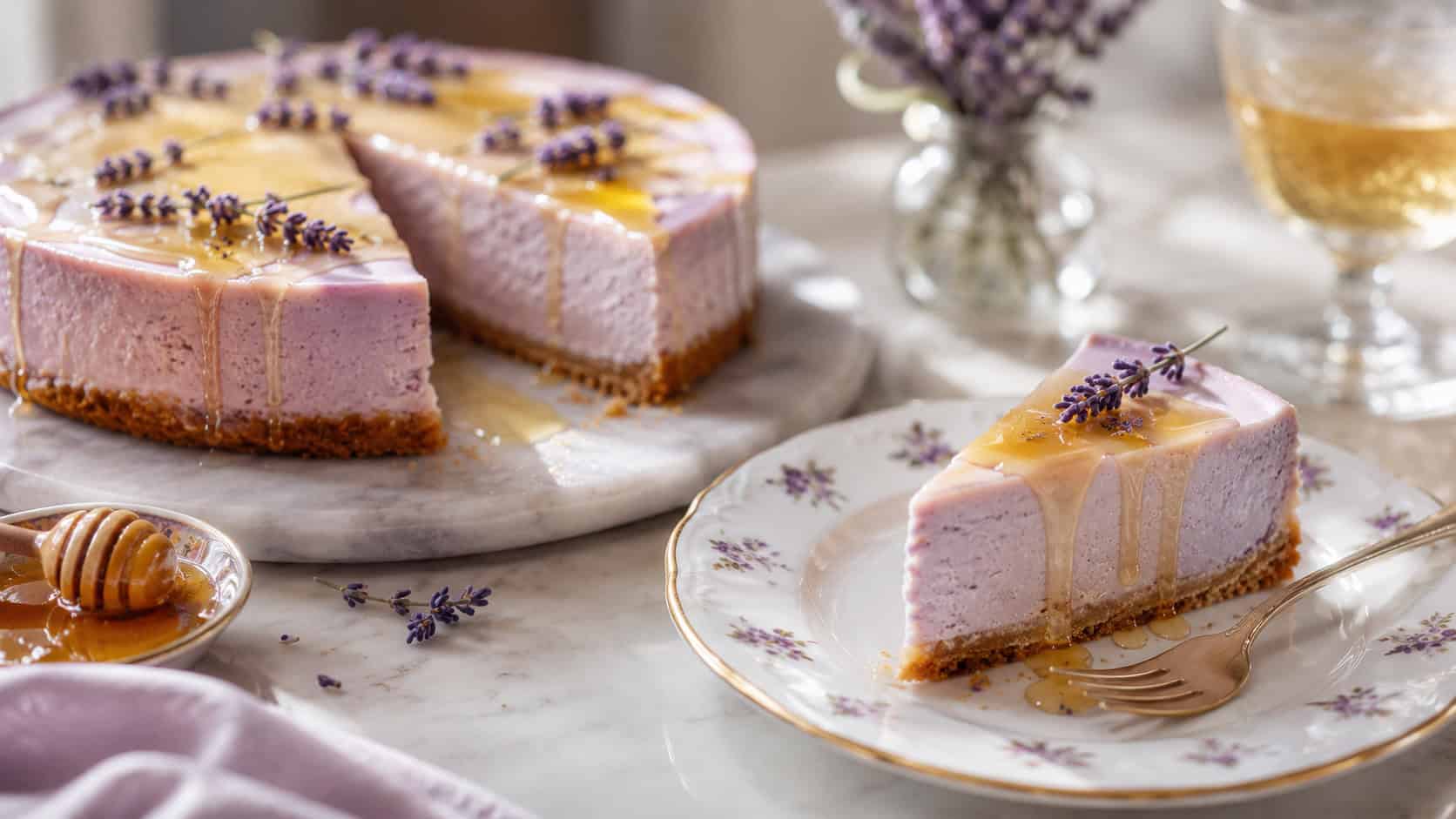 an elegant honey lavender cheesecake drizzled with honey and garnished with tiny lavender sprigs, a slice on delicate china, wide horizontal composition, soft natural light, shallow depth of field, landscape orientation