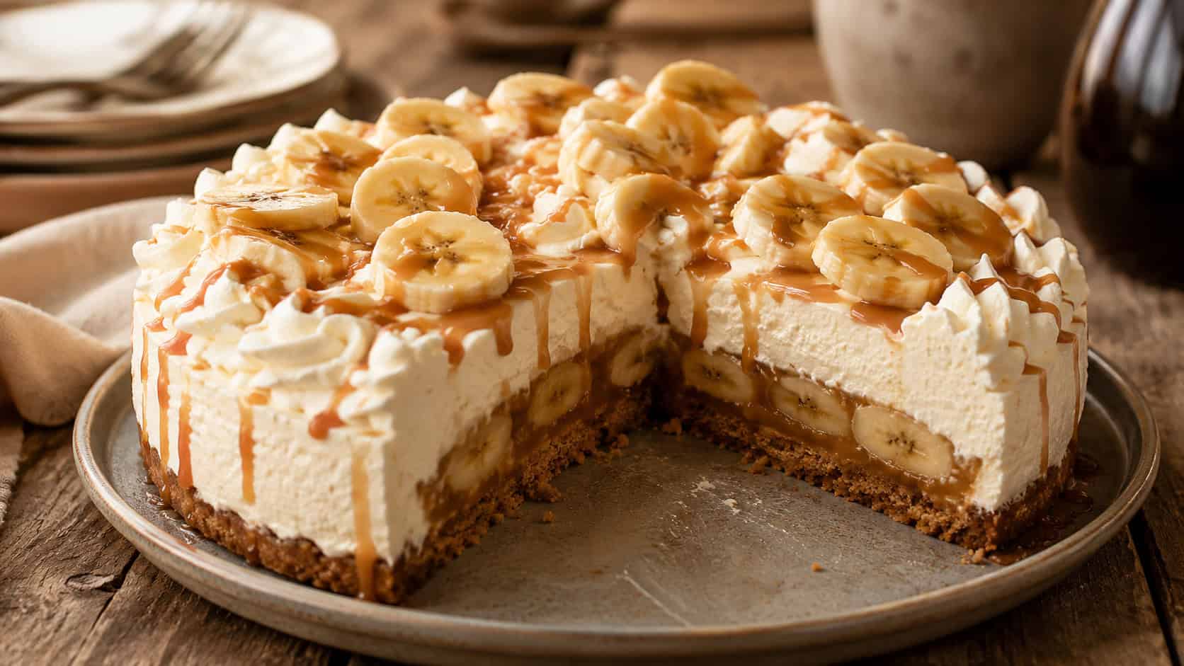 a banoffee cheesecake topped with whipped cream, banana slices, and toffee drizzle, a slice cut to show the banana layer, on a rustic table, wide horizontal shot, warm natural light, shallow depth of field, landscape orientation