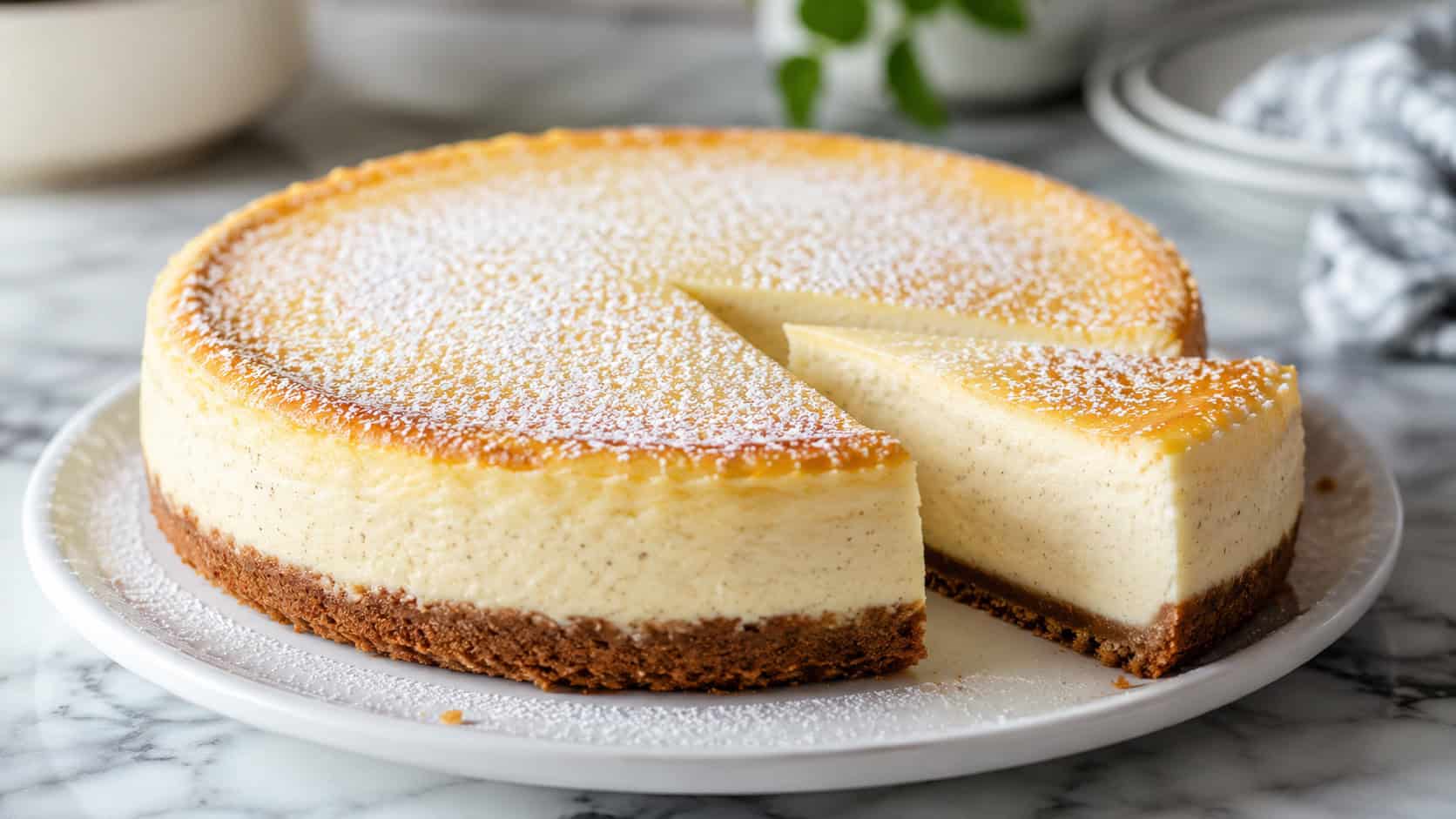 a classic vanilla cheesecake with visible vanilla bean specks, one clean slice cut, dusted lightly with powdered sugar, on a marble counter, wide horizontal composition, bright natural light, shallow depth of field, landscape orientation