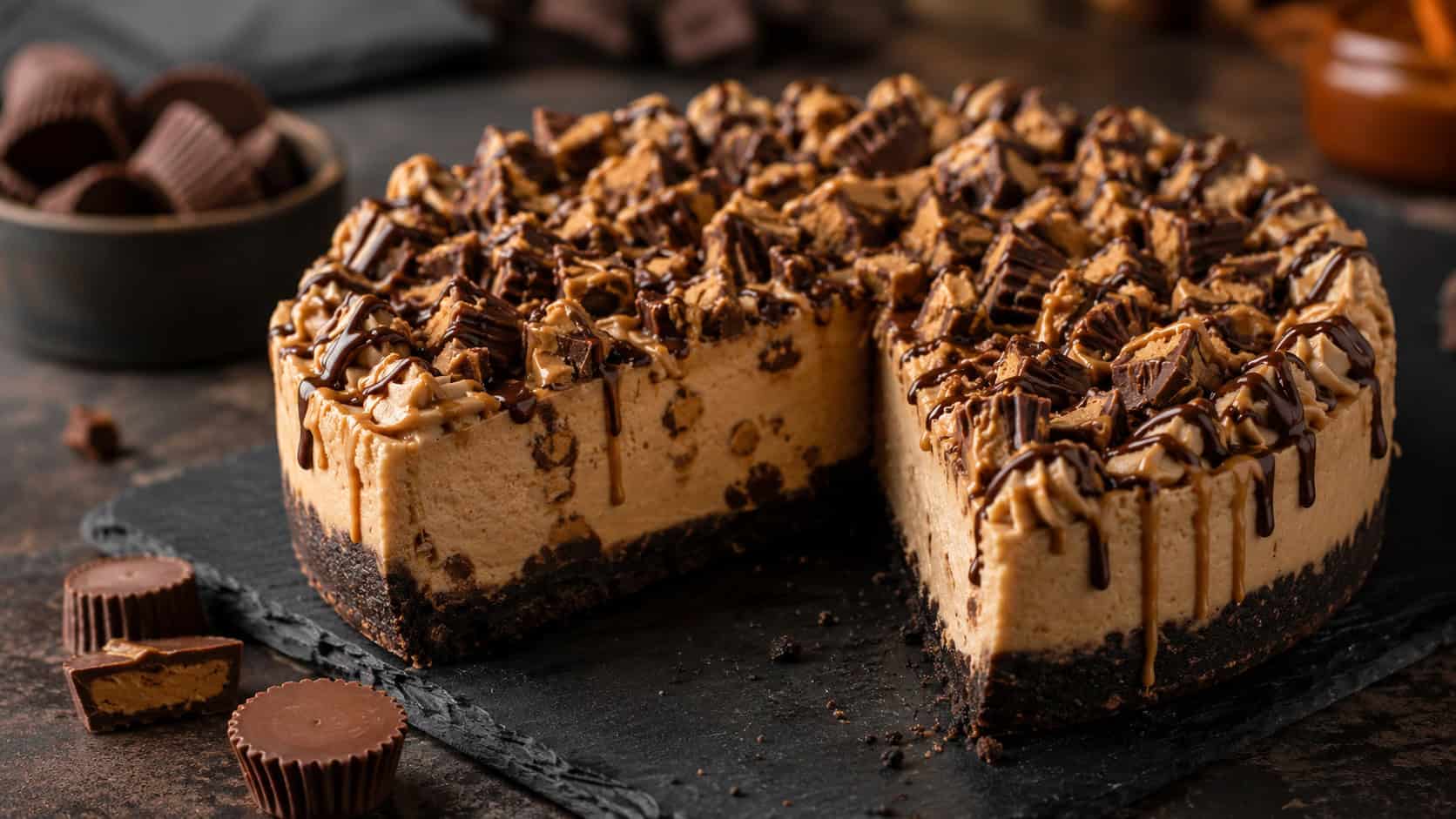 a peanut butter cup cheesecake topped with chopped candy and chocolate drizzle over a dark crust, one slice removed, on a slate board, wide horizontal composition, warm moody light, shallow depth of field, landscape orientation