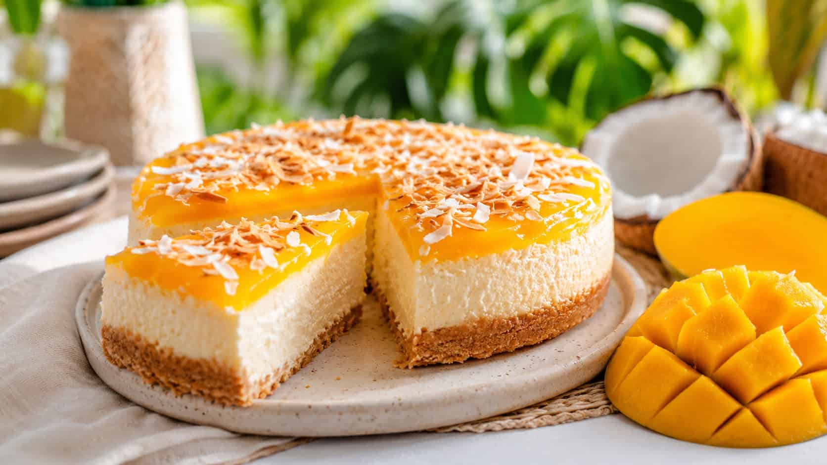 a coconut mango cheesecake topped with golden mango puree and toasted coconut flakes, a slice cut beside fresh mango chunks, on a bright table, wide horizontal shot, bright tropical light, shallow depth of field, landscape orientation
