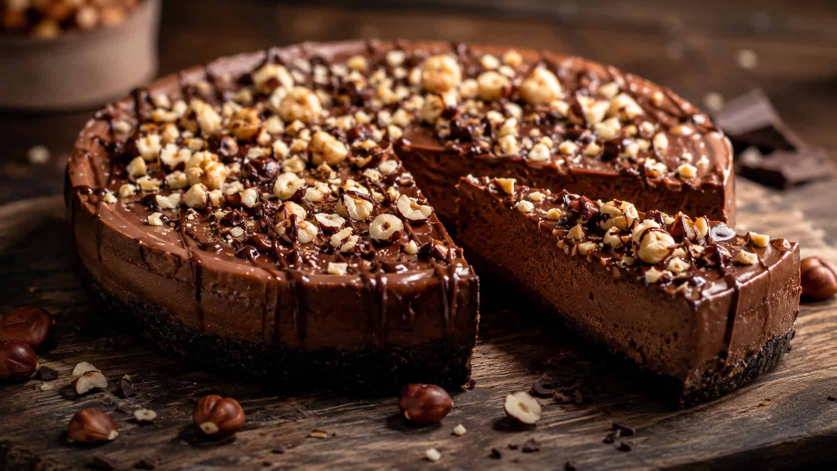 a rich chocolate hazelnut cheesecake topped with chopped hazelnuts and a glossy chocolate drizzle, one slice pulled away, on a dark wooden board, wide horizontal composition, warm moody light, shallow depth of field, landscape orientation