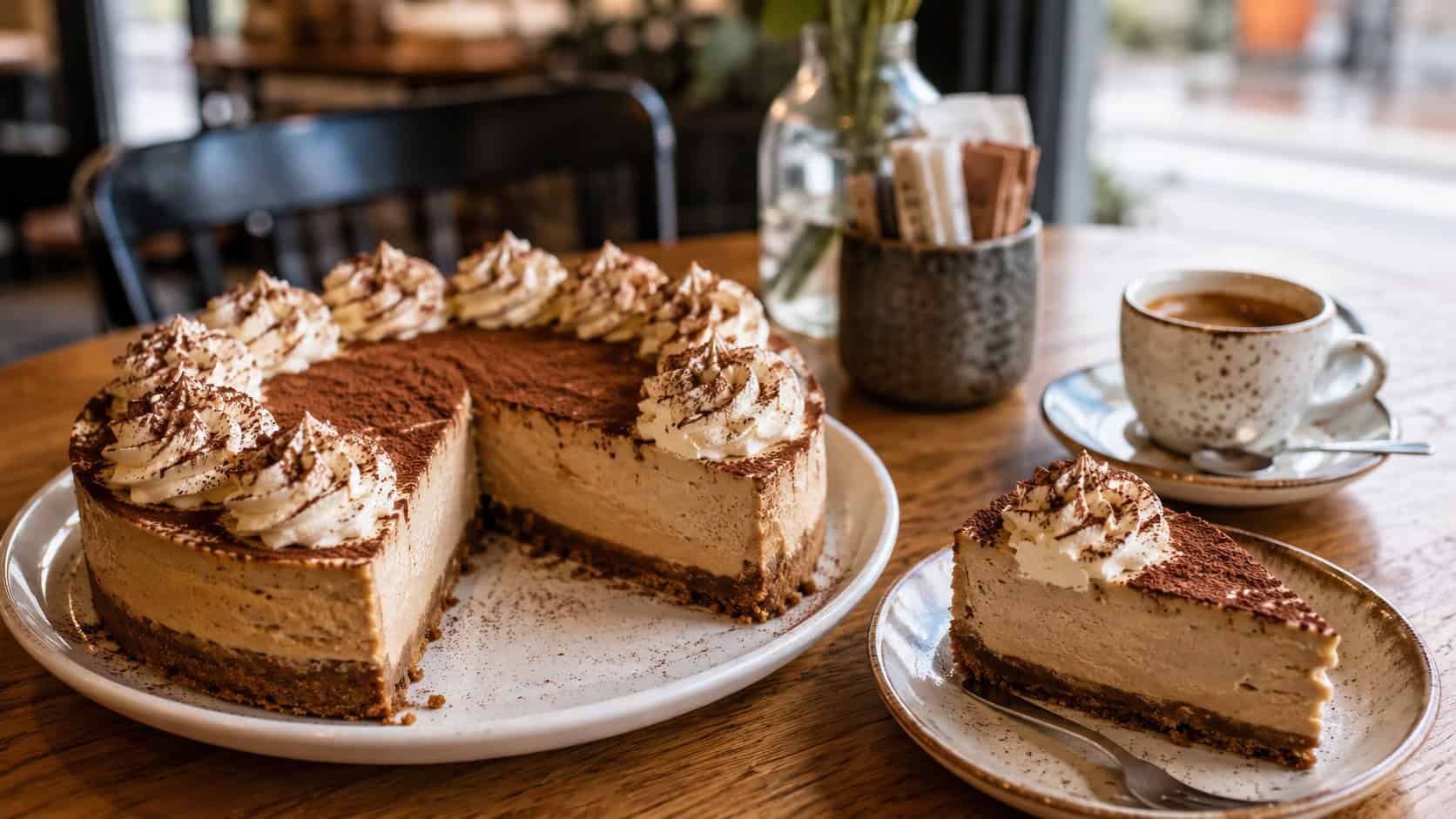 a cappuccino cheesecake dusted with cocoa and topped with whipped cream rosettes, a slice on a saucer beside an espresso cup, on a cafe table, wide horizontal shot, warm natural light, shallow depth of field, landscape orientation