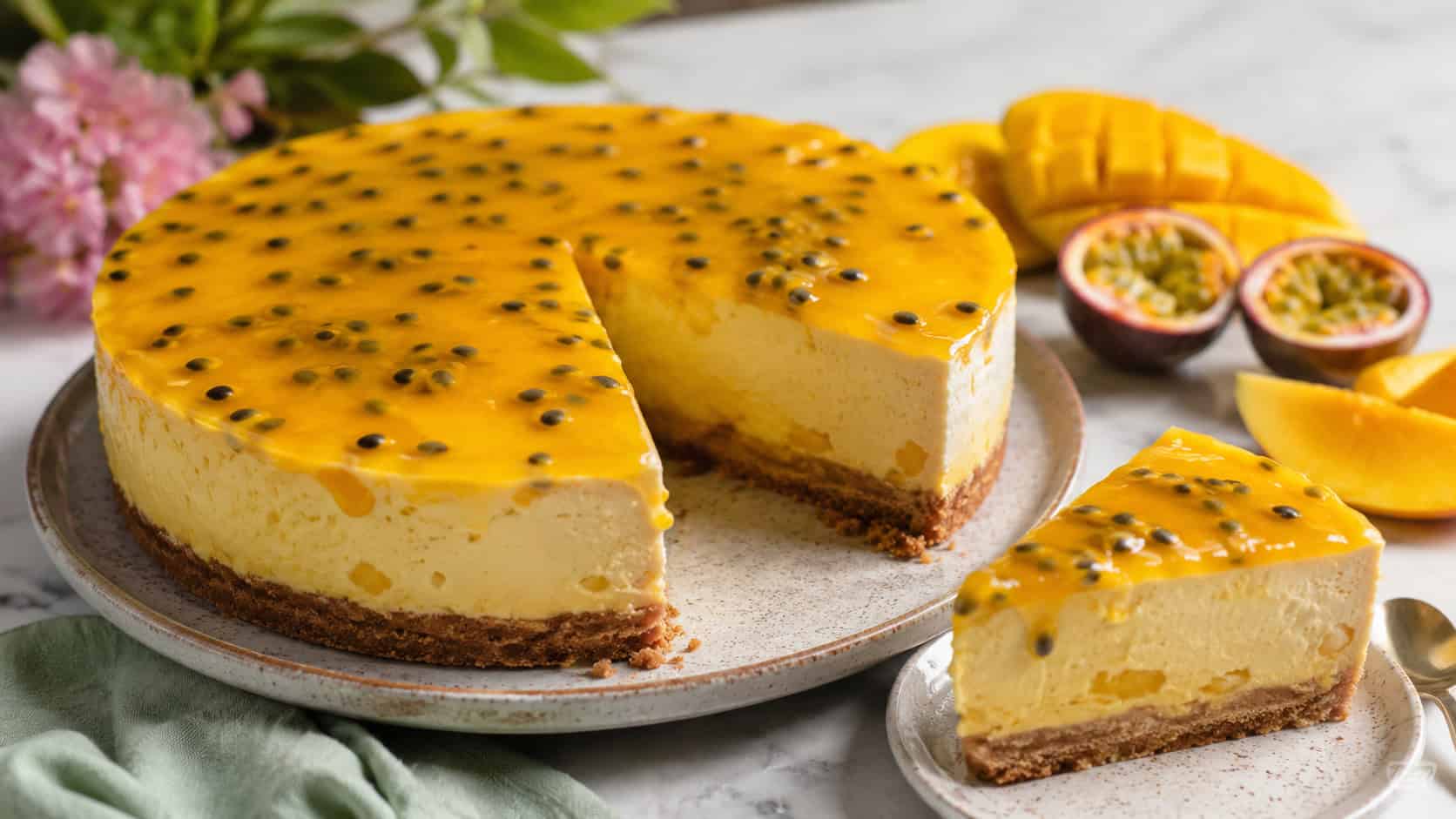 a mango passionfruit cheesecake topped with a vibrant golden glaze and passionfruit seeds, a slice cut beside fresh tropical fruit, on a bright table, wide horizontal composition, bright natural light, shallow depth of field, landscape orientation