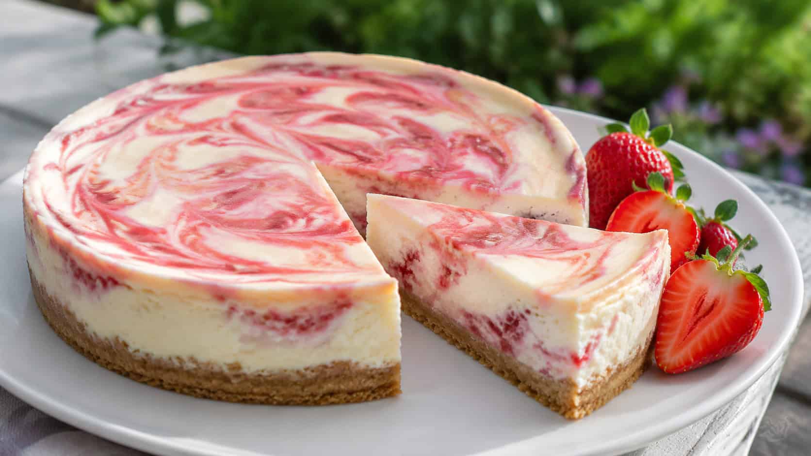 a strawberry ripple cheesecake with pink swirls marbled through the creamy top, fresh strawberries arranged beside a cut slice, on a white plate, wide horizontal composition, bright natural light, shallow depth of field, landscape orientation