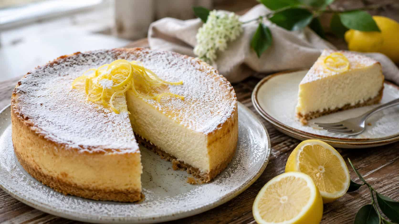 a rustic lemon ricotta cheesecake dusted with powdered sugar and topped with lemon zest curls, a slice on a plate beside lemon halves, wide horizontal composition, bright natural light, shallow depth of field, landscape orientation