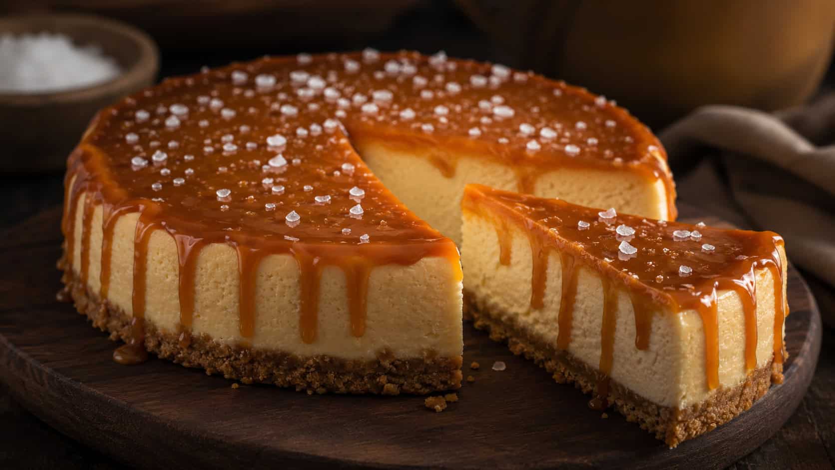 a salted caramel cheesecake with glossy caramel dripping down the sides and flaky salt on top, one slice pulled away, on a dark wooden board, wide horizontal shot, warm moody light, shallow depth of field, landscape orientation