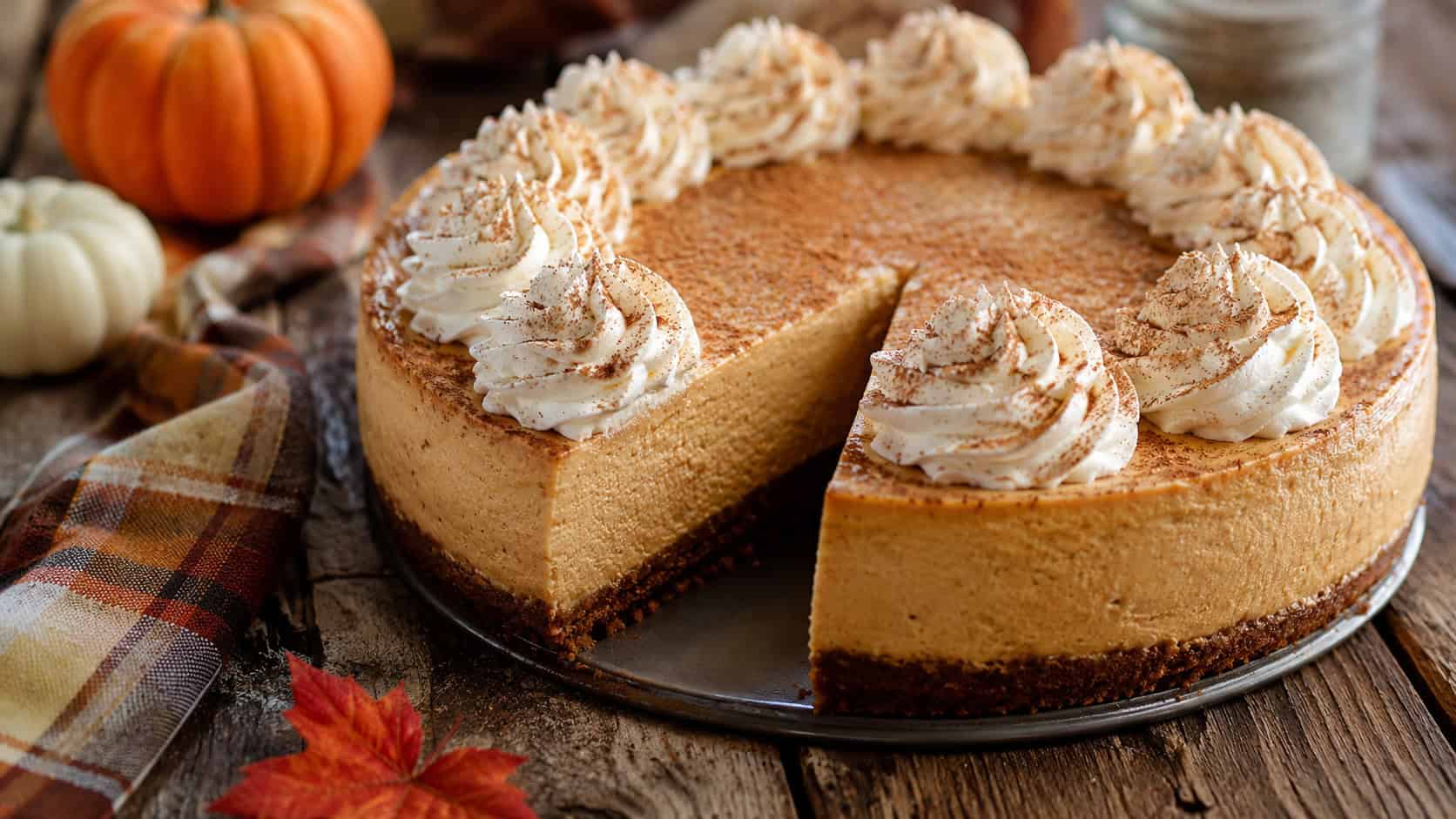 a pumpkin spice cheesecake with a gingersnap crust topped with swirls of whipped cream and a dusting of cinnamon, a slice cut on a rustic table, wide horizontal composition, warm autumn light, shallow depth of field, landscape orientation