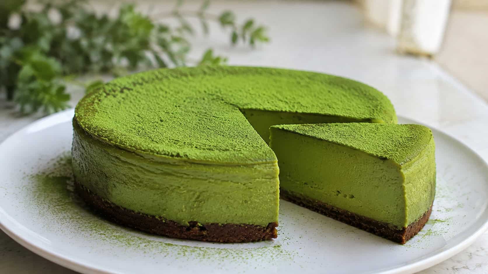 a vibrant green matcha cheesecake dusted with matcha powder, one slice cut to show the smooth green interior, on a minimalist white plate, wide horizontal shot, soft natural light, shallow depth of field, landscape orientation