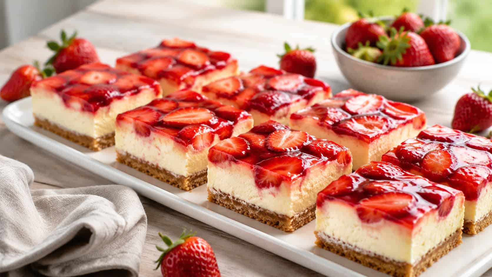 glossy strawberry-topped cheesecake bars on a graham crust arranged on a white ceramic platter in a wide horizontal shot, scattered fresh strawberries and a linen napkin on a light wood table, natural window light, shallow depth of field, landscape orientation