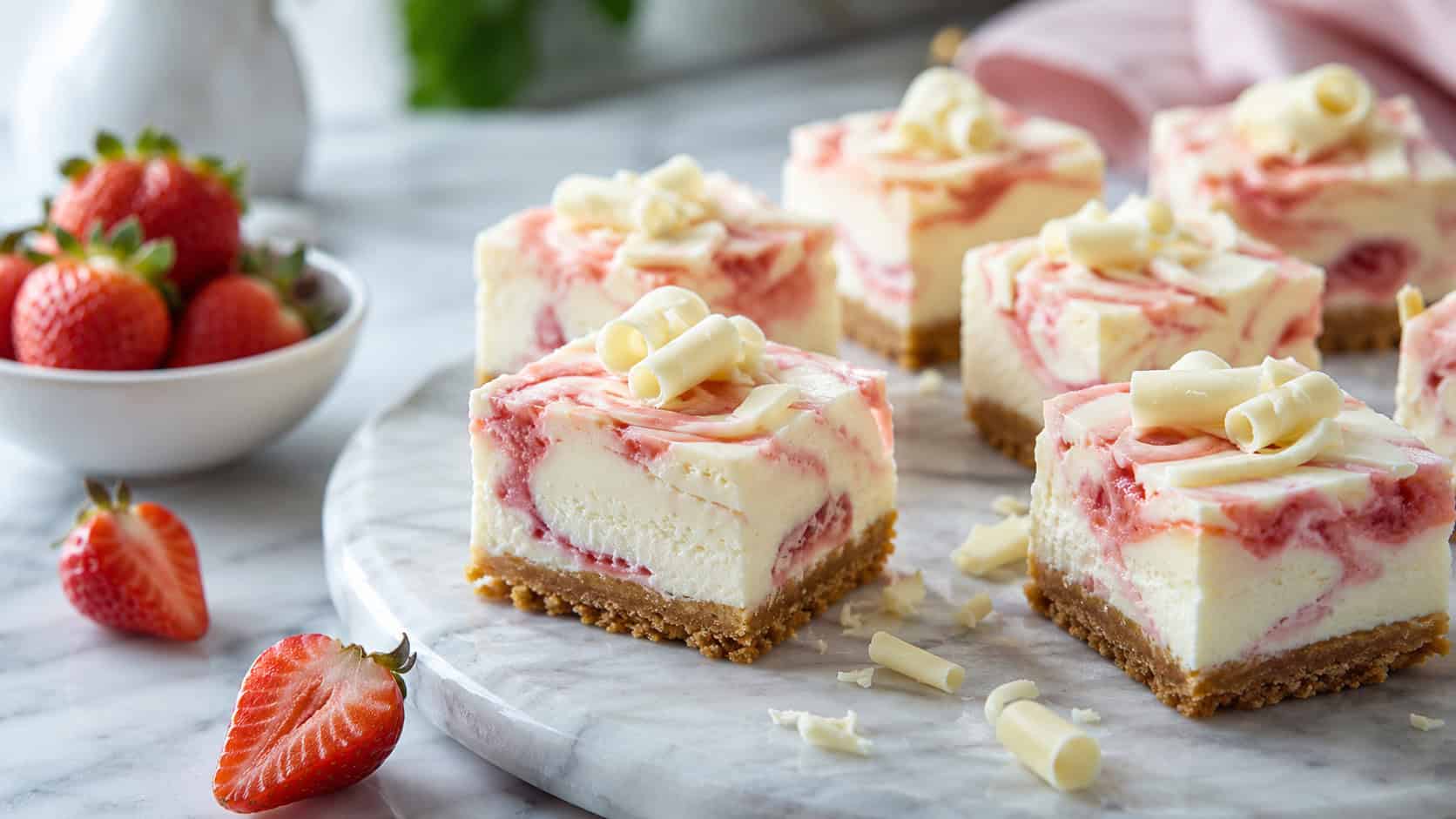 elegant white chocolate strawberry cheesecake squares with pink swirls and white chocolate curls on a marble platter in a wide horizontal shot, fresh strawberries and chocolate shavings nearby, soft natural light, shallow depth of field, landscape orientation