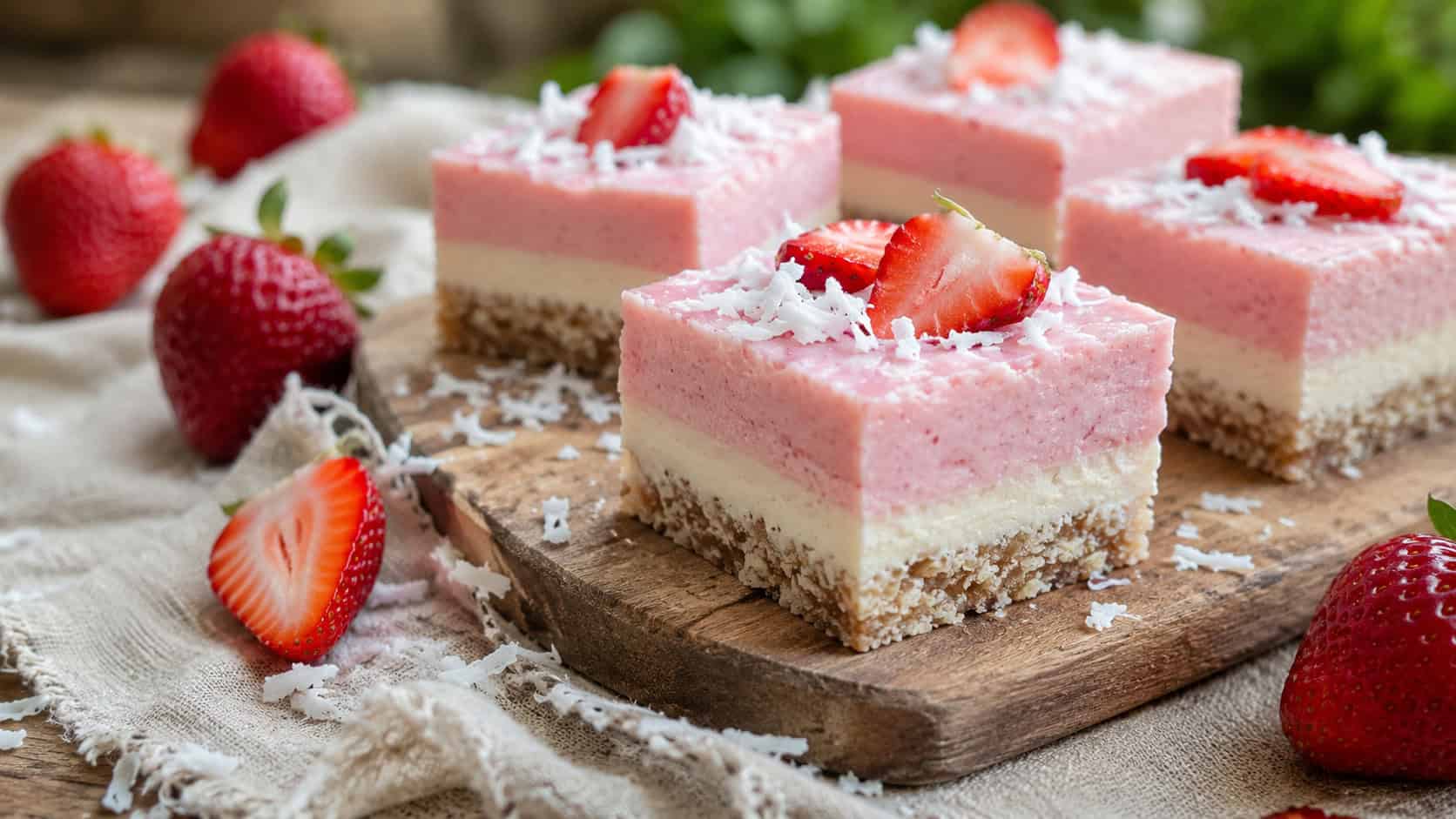 layered pink paleo strawberry cheesecake bars with a coconut crust on a rustic wooden board in a wide horizontal shot, fresh strawberries and shredded coconut scattered on a natural linen surface, soft daylight, shallow depth of field, landscape orientation