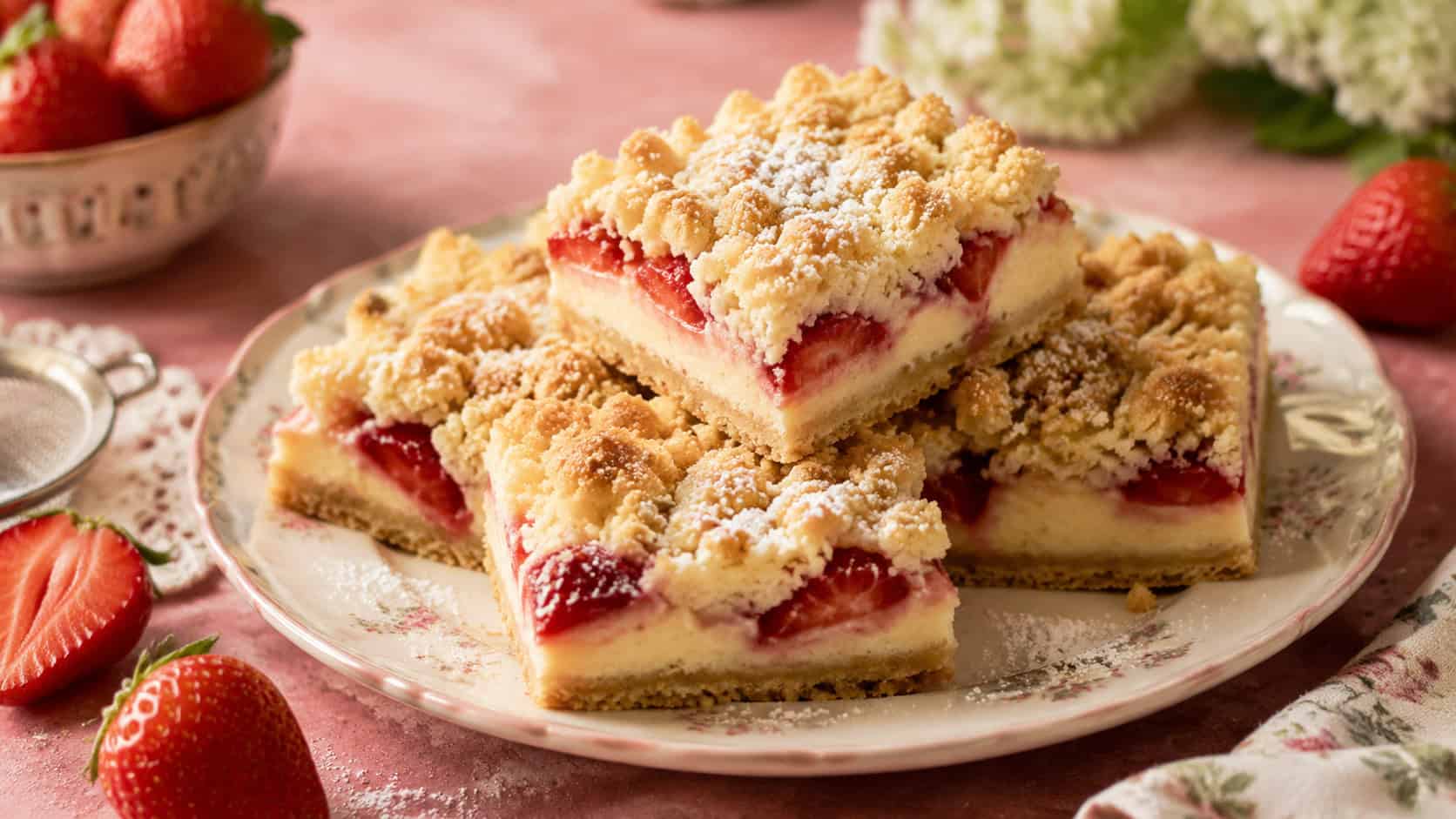 golden crumb-topped strawberry shortcake cheesecake bars with peeks of red berries on a vintage plate in a wide horizontal shot, fresh strawberries and a dusting of sugar on a pastel table, warm natural light, shallow depth of field, landscape orientation