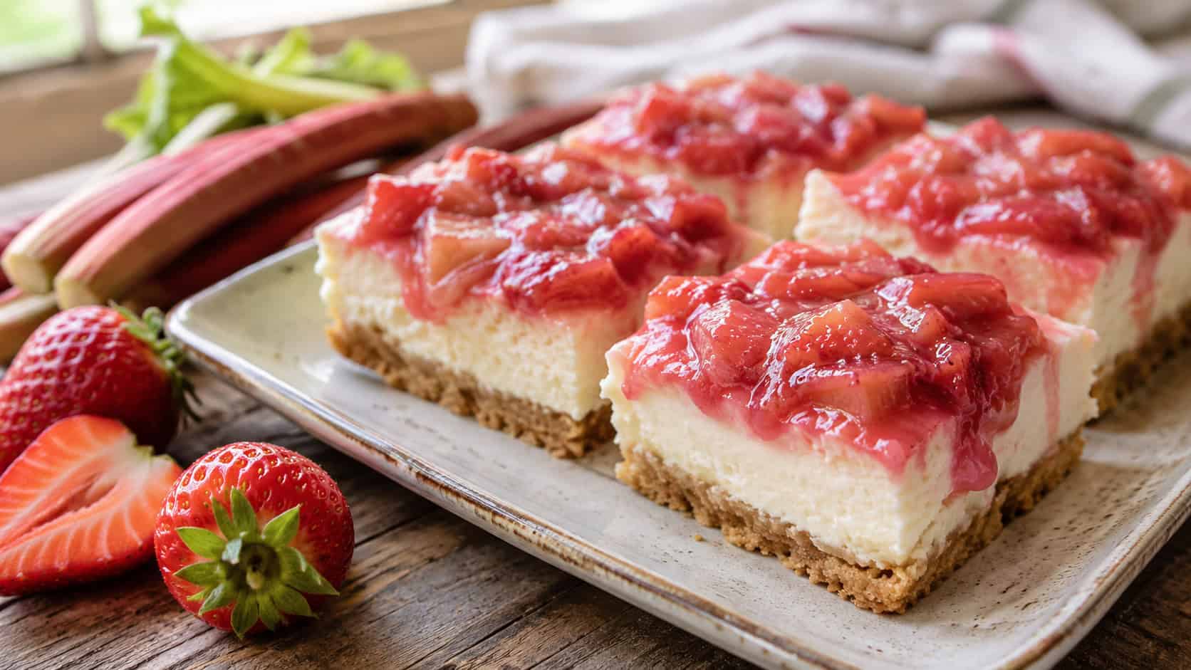 cheesecake bars topped with a glossy pink strawberry rhubarb compote on a ceramic platter in a wide horizontal shot, fresh strawberries and rhubarb stalks resting on a rustic table, natural light, shallow depth of field, landscape orientation