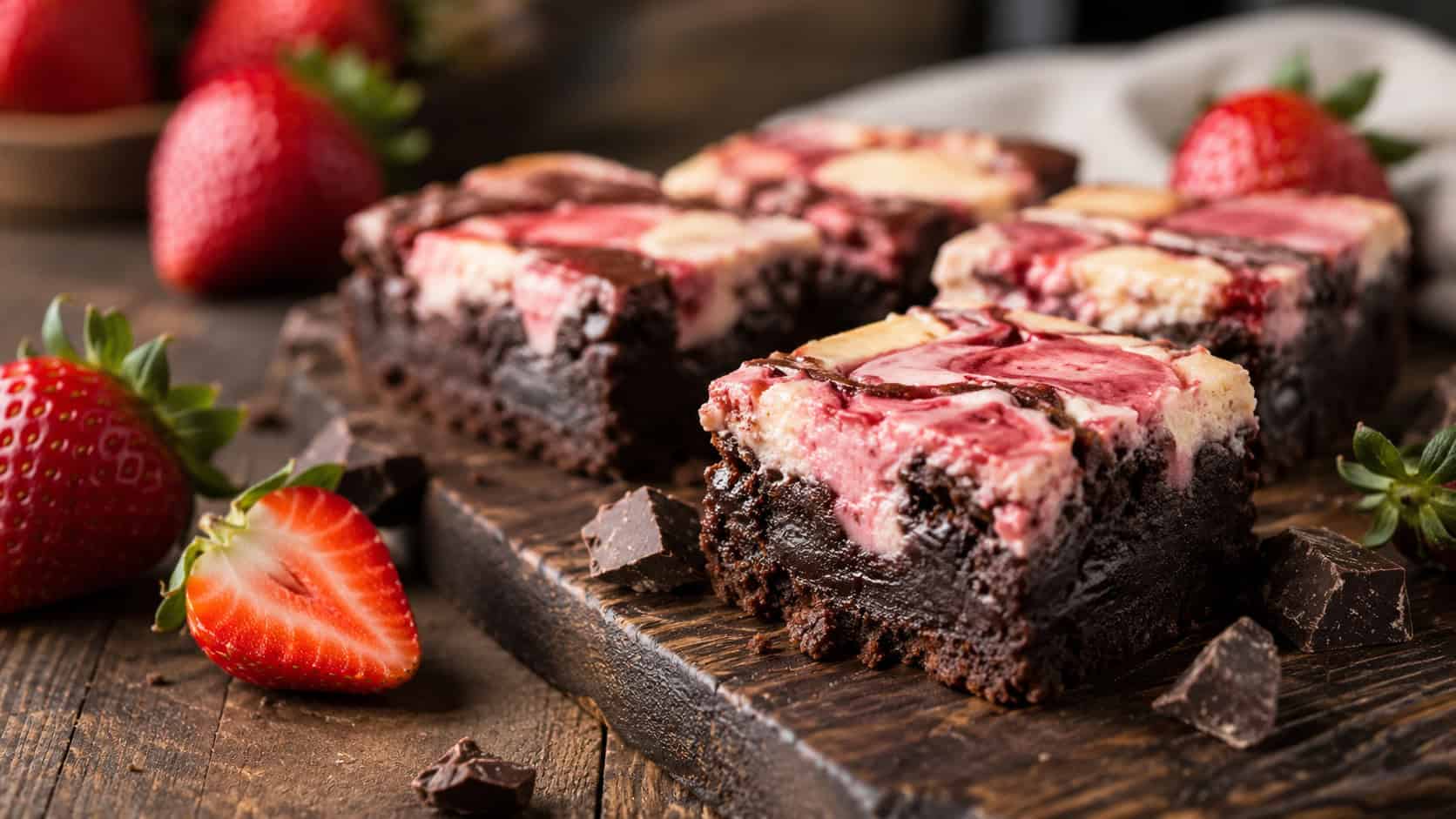 fudgy brownie bars swirled with pink strawberry cheesecake on a dark wooden board in a wide horizontal shot, fresh strawberries and a few chocolate chunks scattered nearby, warm natural light, shallow depth of field, landscape orientation